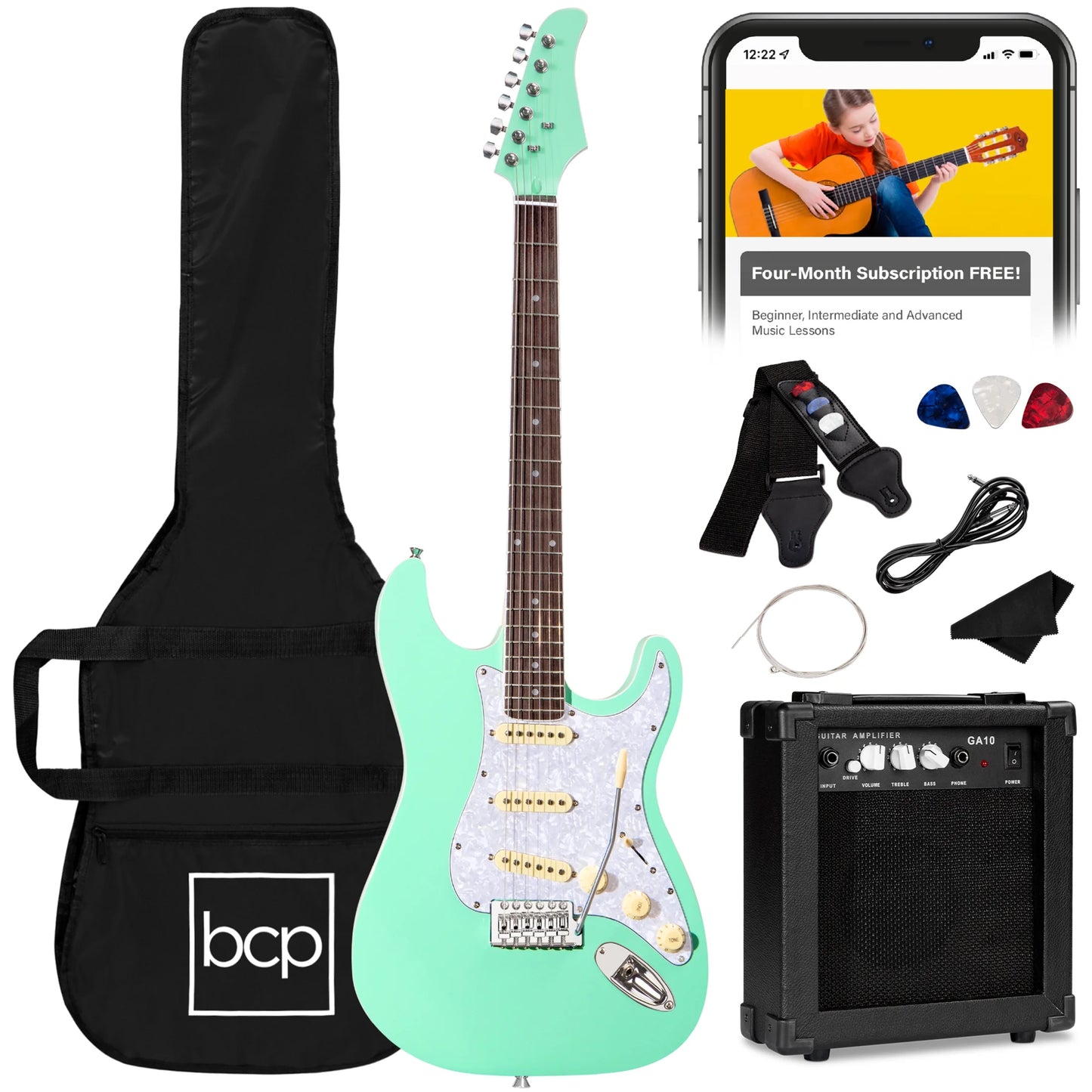 39In Full Size Beginner Electric Guitar Kit with Case, Strap, Amp, Whammy Bar - Socal Green