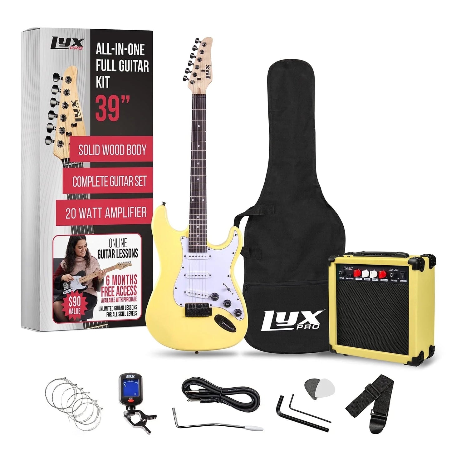 Electric Guitar 39 Inch Beginner Kit W/ 20W Amp, Accessories - Retro Yellow