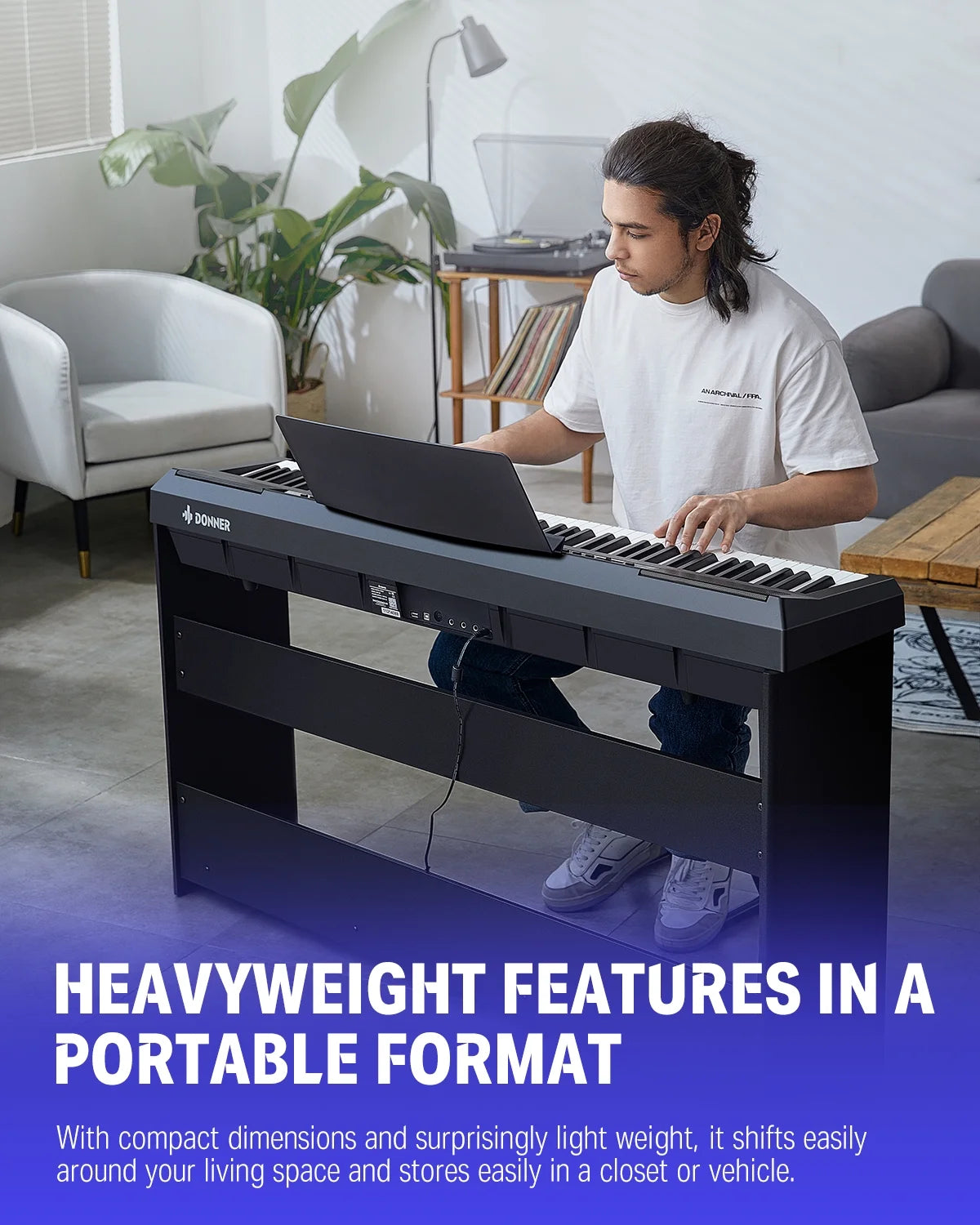 DEP-20 Beginner Digital Piano 88 Key Full Size Weighted Keyboard, Portable Electric Piano with Furniture Stand, 3-Pedal Unit, Black