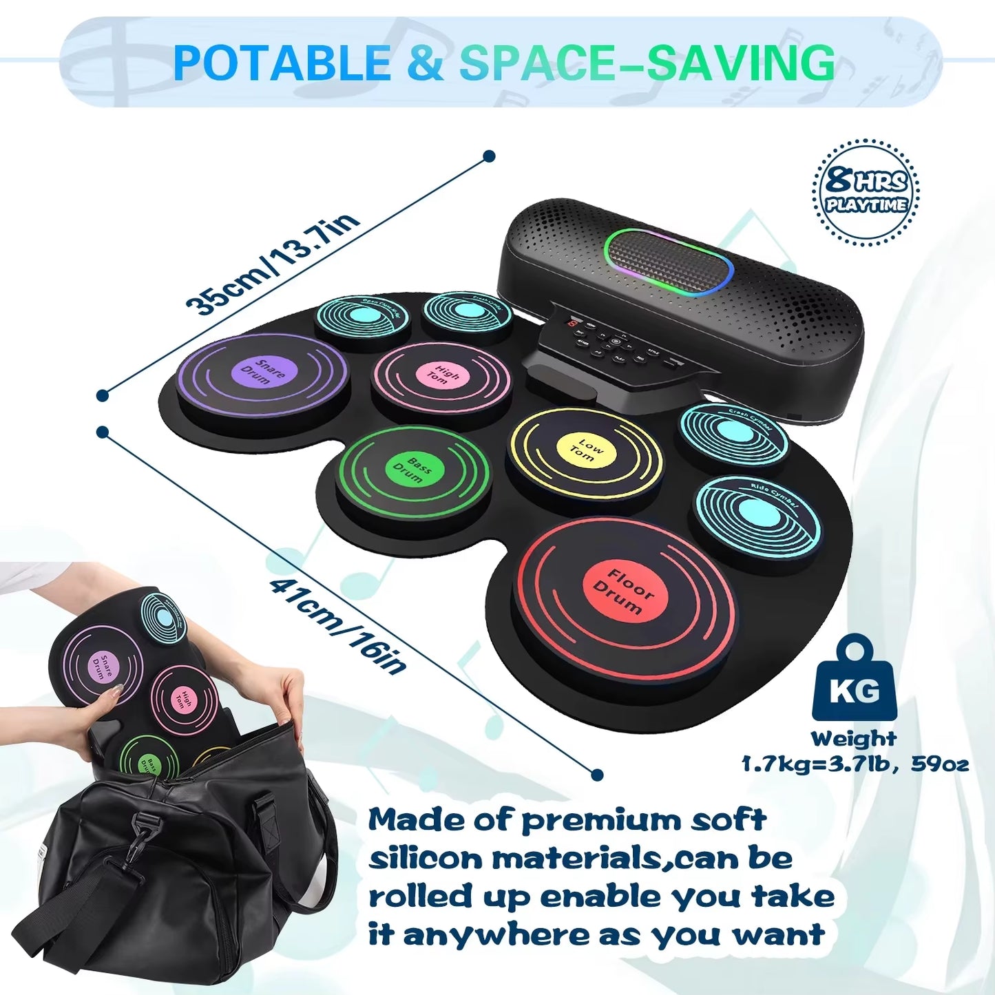 Electronic Drum Set for Kids Adults,9 Pads Portable MIDI Roll-Up Drum Kit with Dual Speakers/Headset Jack/Drumsticks/Foot Pedals