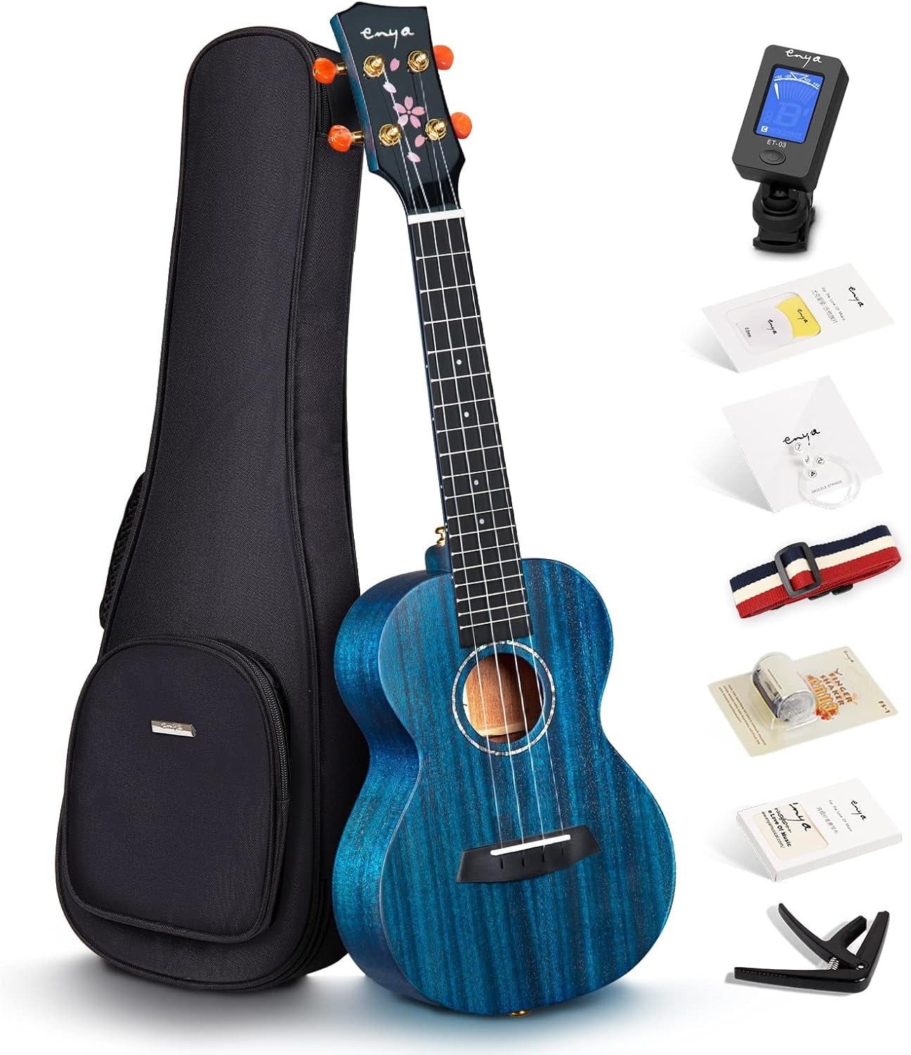 Concert Ukulele 23" Blue All Solid Mahogany Ukeleles for Adults Beginners Kids with Cherry Blossom Pattern Bundle Case Tuner Strap Strings Capo Sand Shaker Picks Polish Cloth (EUC-MS BU)