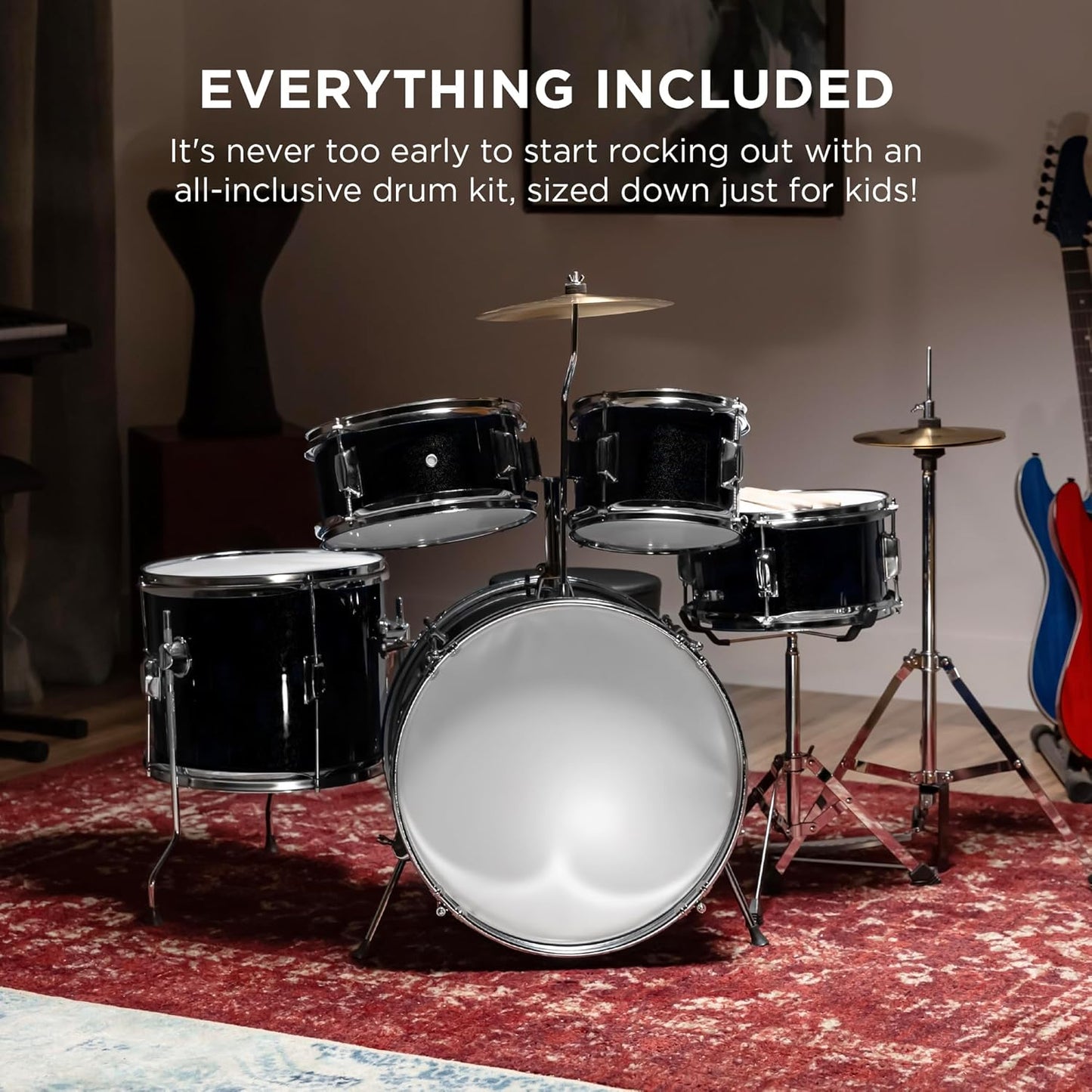Kids Drum Set 5-Piece 16In Beginner Drum Set Junior Drum Kit, Starter Percussion Set W/Cymbals, Pedal, Drumsticks, Stool, Toms, Snare, Hi Hat - Black