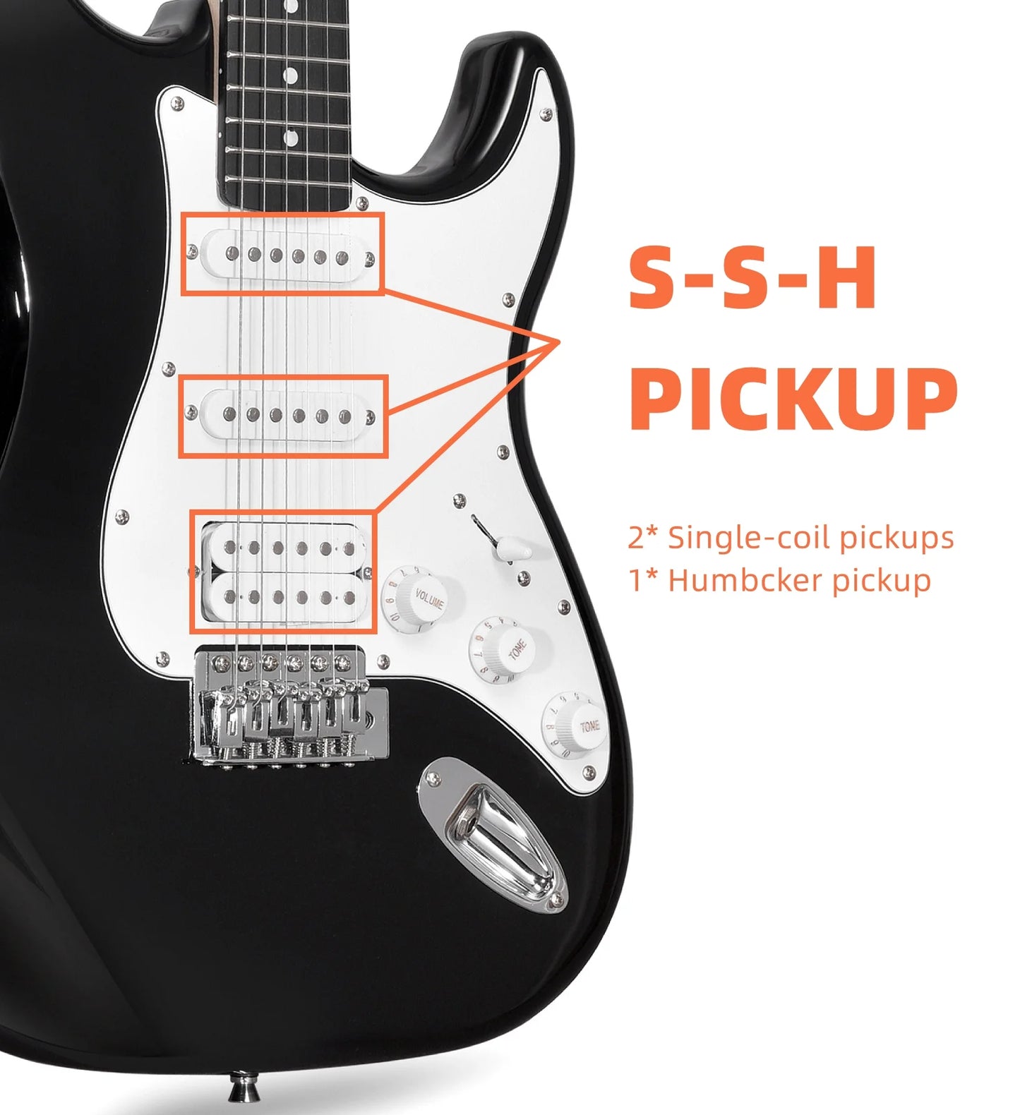 Electric Guitar Solid-Wood Body 39" Beginner Guitar Kit with Amplifier, Bag, Strap, String, Tuner, Cable, Picks and Free Lesson, Black