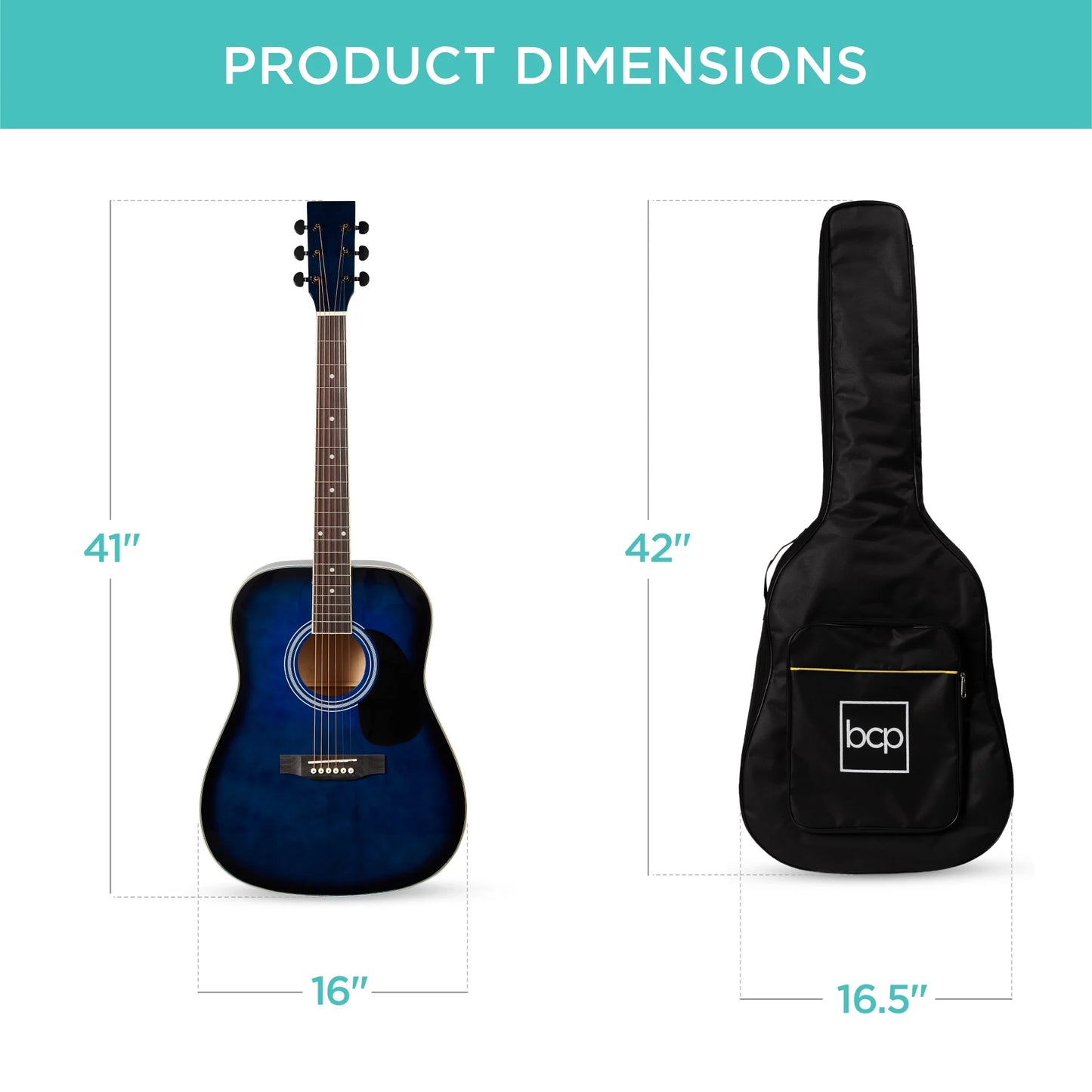 41In Full Size All-Wood Acoustic Guitar Starter Kit W/Gig Bag, E-Tuner, Pick, Strap, Rag - Blue