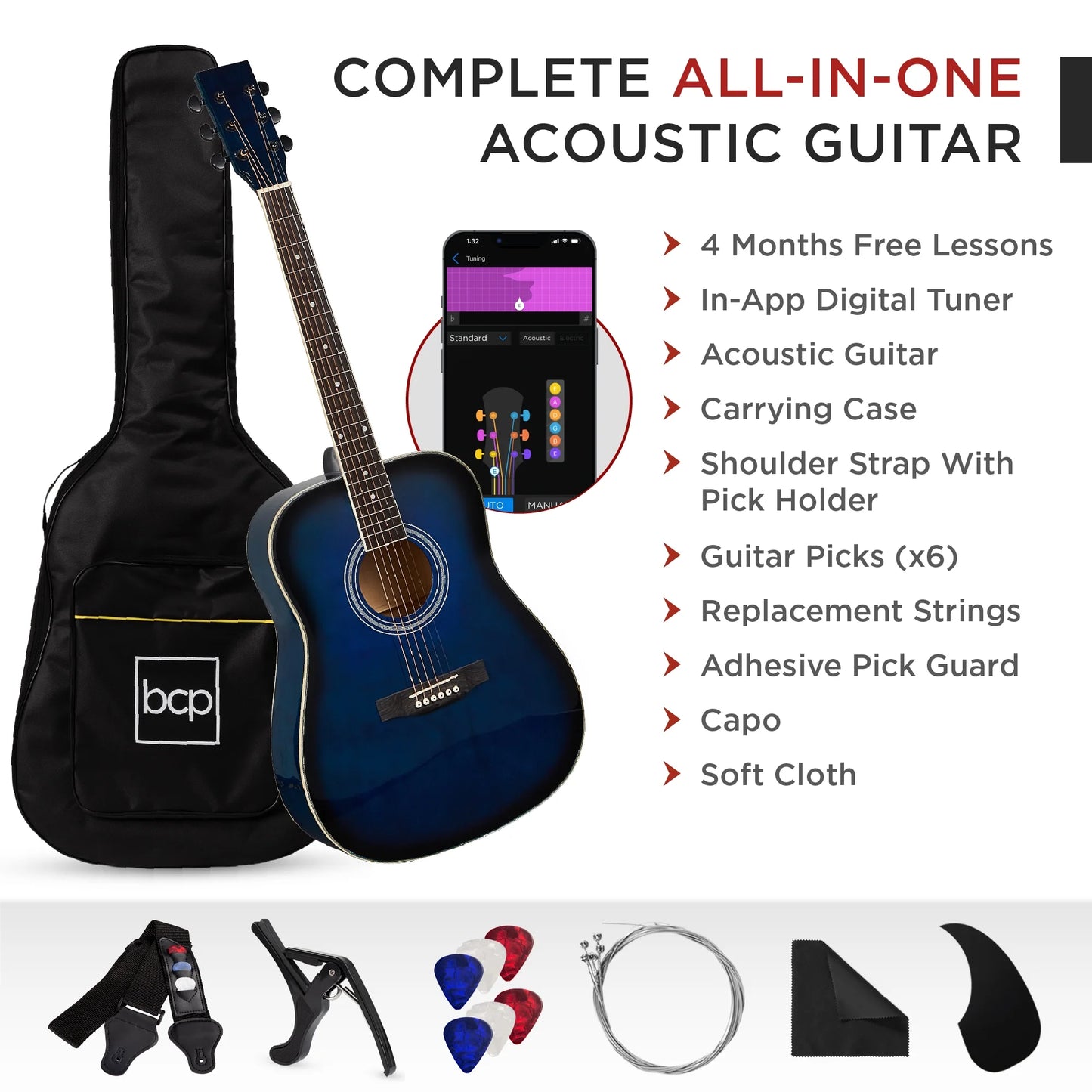 41In Full Size All-Wood Acoustic Guitar Starter Kit W/Gig Bag, E-Tuner, Pick, Strap, Rag - Blue