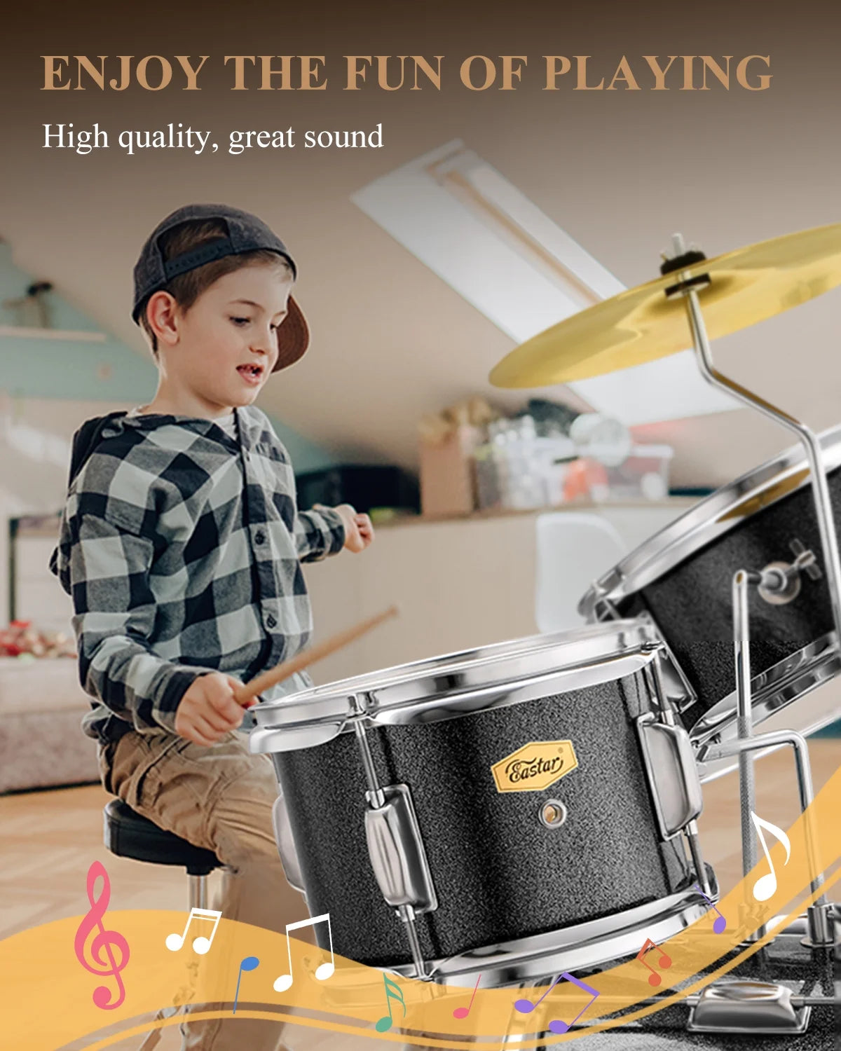 Kids Drums Toys 3 Piece 14 in Percussion Musical Instrument, Drumming Kit for Beginners, Metallic Black
