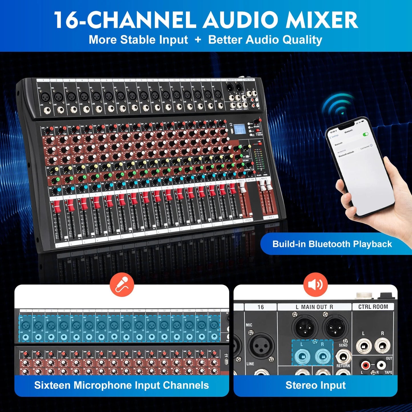 Professional 16 Channel Sound Mixing Console Board USB DJ Wireless Bluetooth Audio Mixer