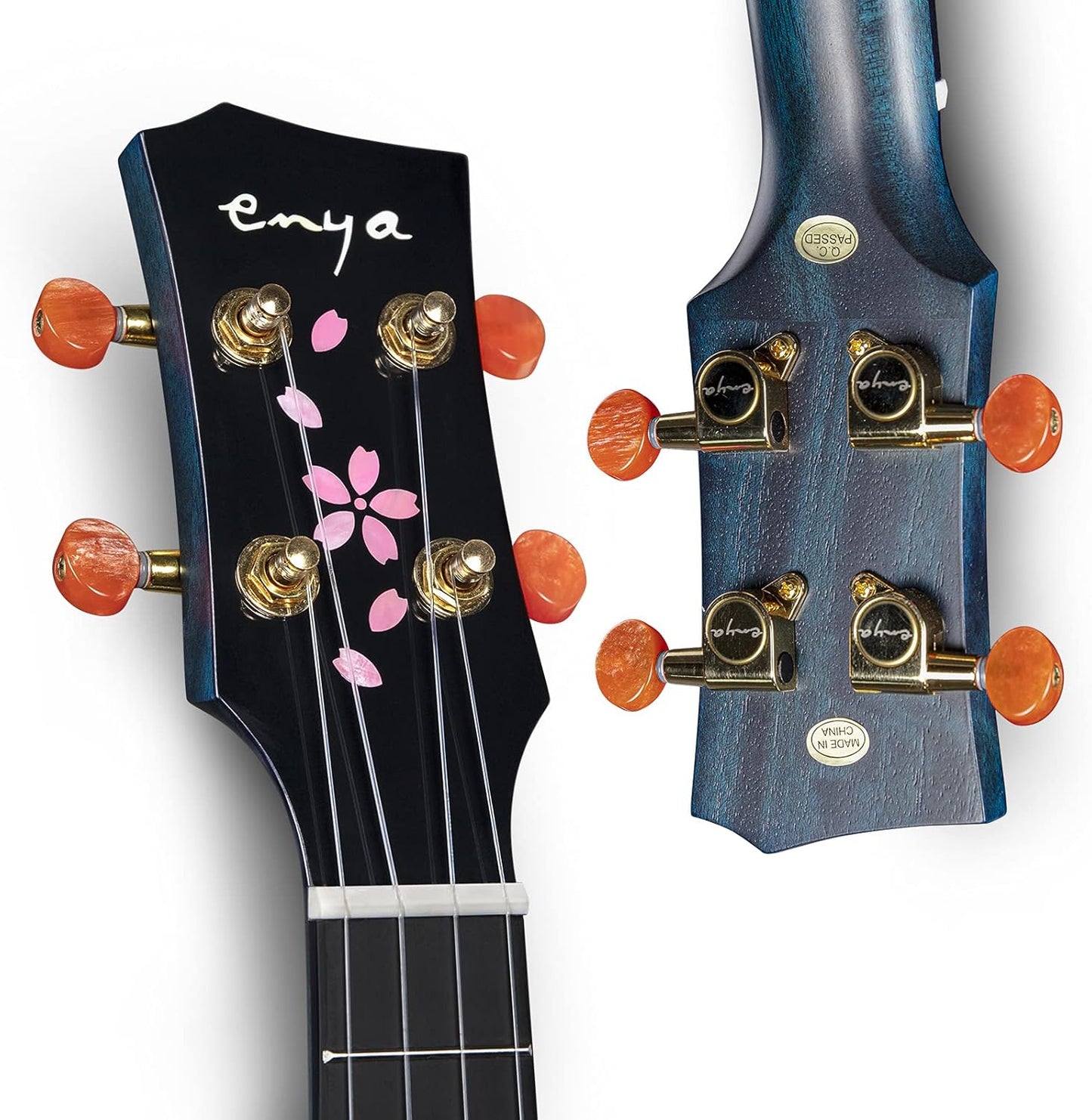 Concert Ukulele 23" Blue All Solid Mahogany Ukeleles for Adults Beginners Kids with Cherry Blossom Pattern Bundle Case Tuner Strap Strings Capo Sand Shaker Picks Polish Cloth (EUC-MS BU)