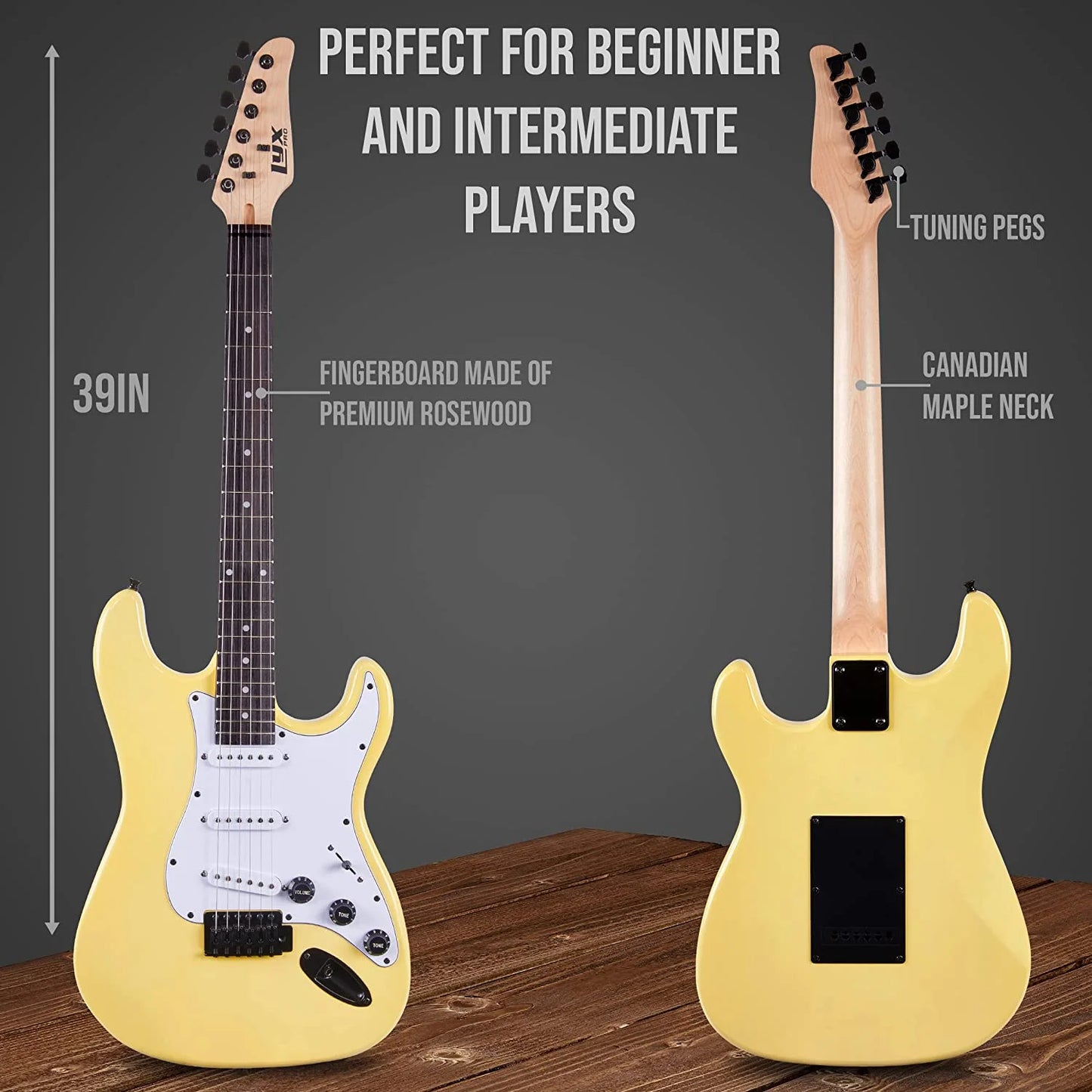 Electric Guitar 39 Inch Beginner Kit W/ 20W Amp, Accessories - Retro Yellow