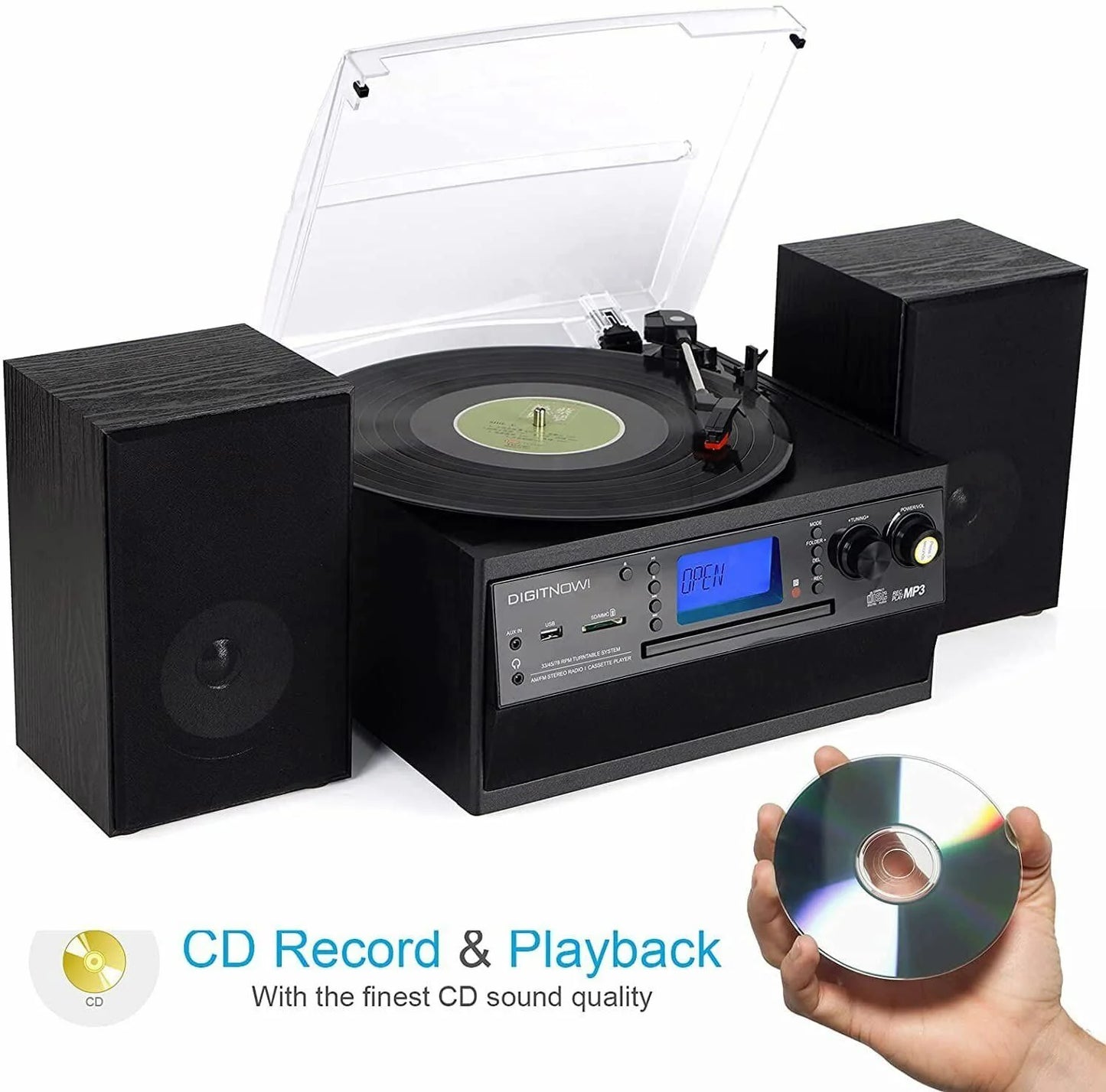 Record Player Bluetooth Turntable with Stereo Speaker, CD Player, Cassette, Radio, Aux in and SD Encoding, Remote Control, Audio Music Player Built in Amplifier