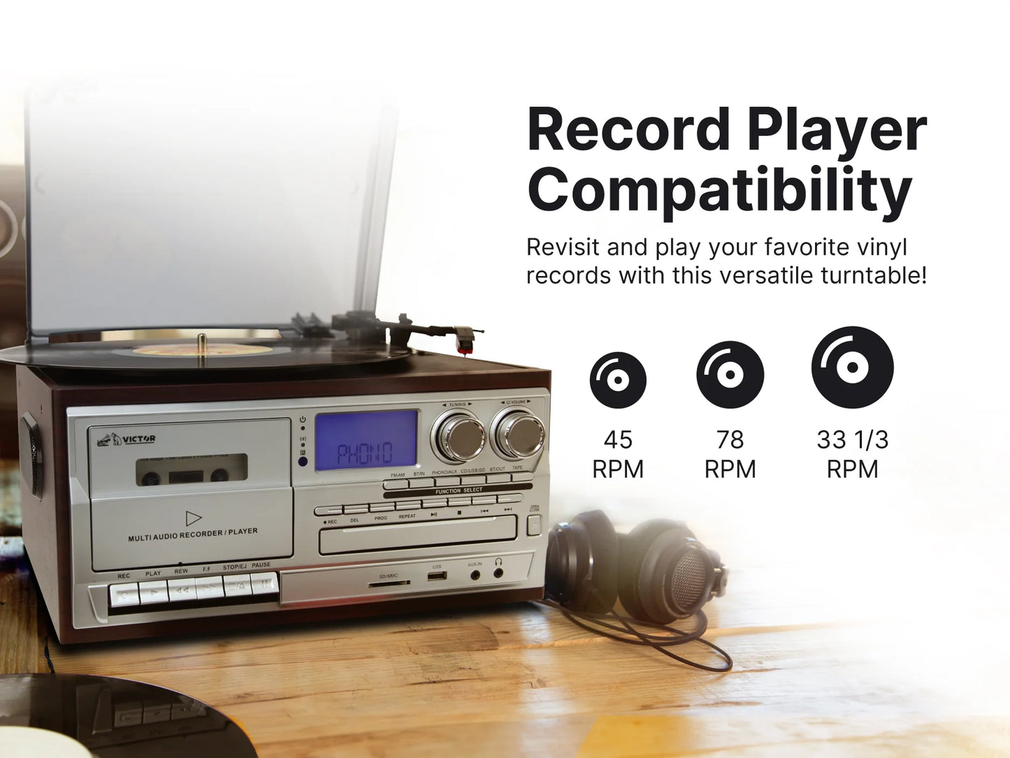 Cosmopolitan 8-In-1 Turntable Center W/Built-In Speakers, Black (VWRP-4200-BK)
