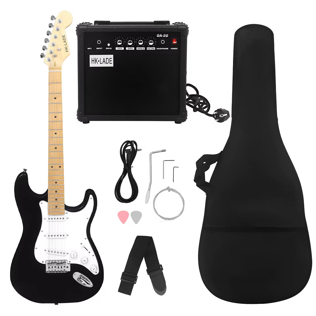 6 String Black Electric Guitar Campus Student Rock Band Trendy Play Electric Guitar Beginner Set Audio Connection Cable