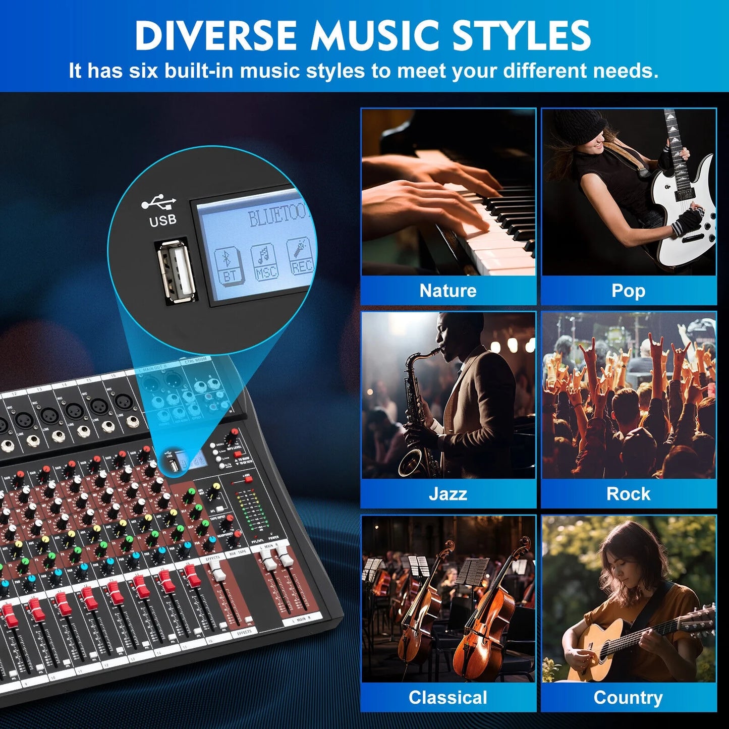 Professional 16 Channel Sound Mixing Console Board USB DJ Wireless Bluetooth Audio Mixer