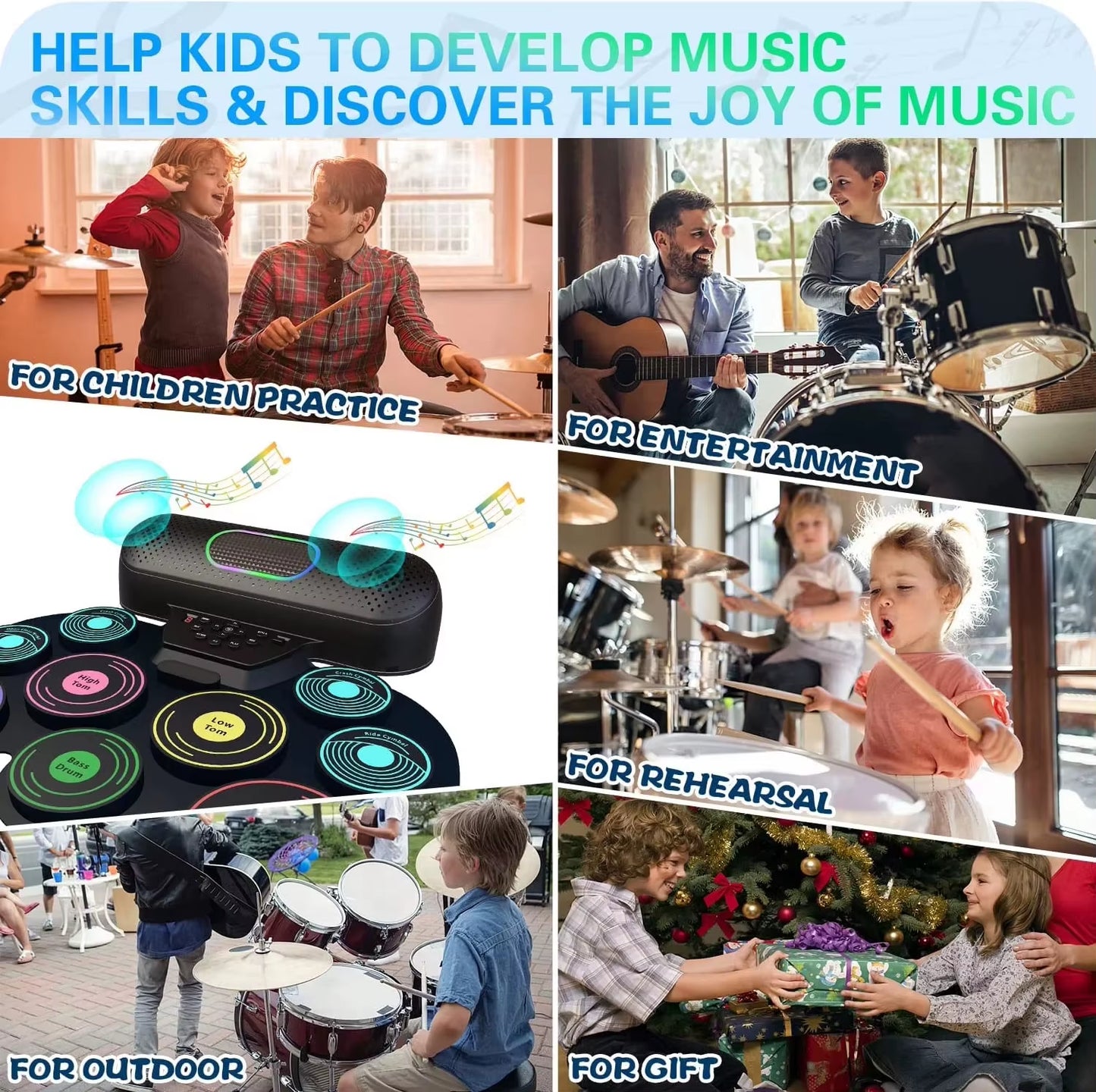 Electronic Drum Set for Kids Adults,9 Pads Portable MIDI Roll-Up Drum Kit with Dual Speakers/Headset Jack/Drumsticks/Foot Pedals
