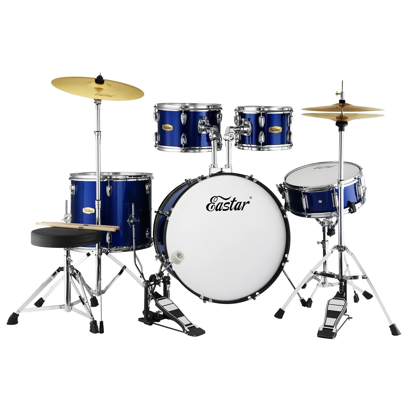 22" 5Pcs Adult Size Drum Set for Beginner Starter Complete Percussion Instrument with Throne, Pedal, Drumsticks, Metallic Blue