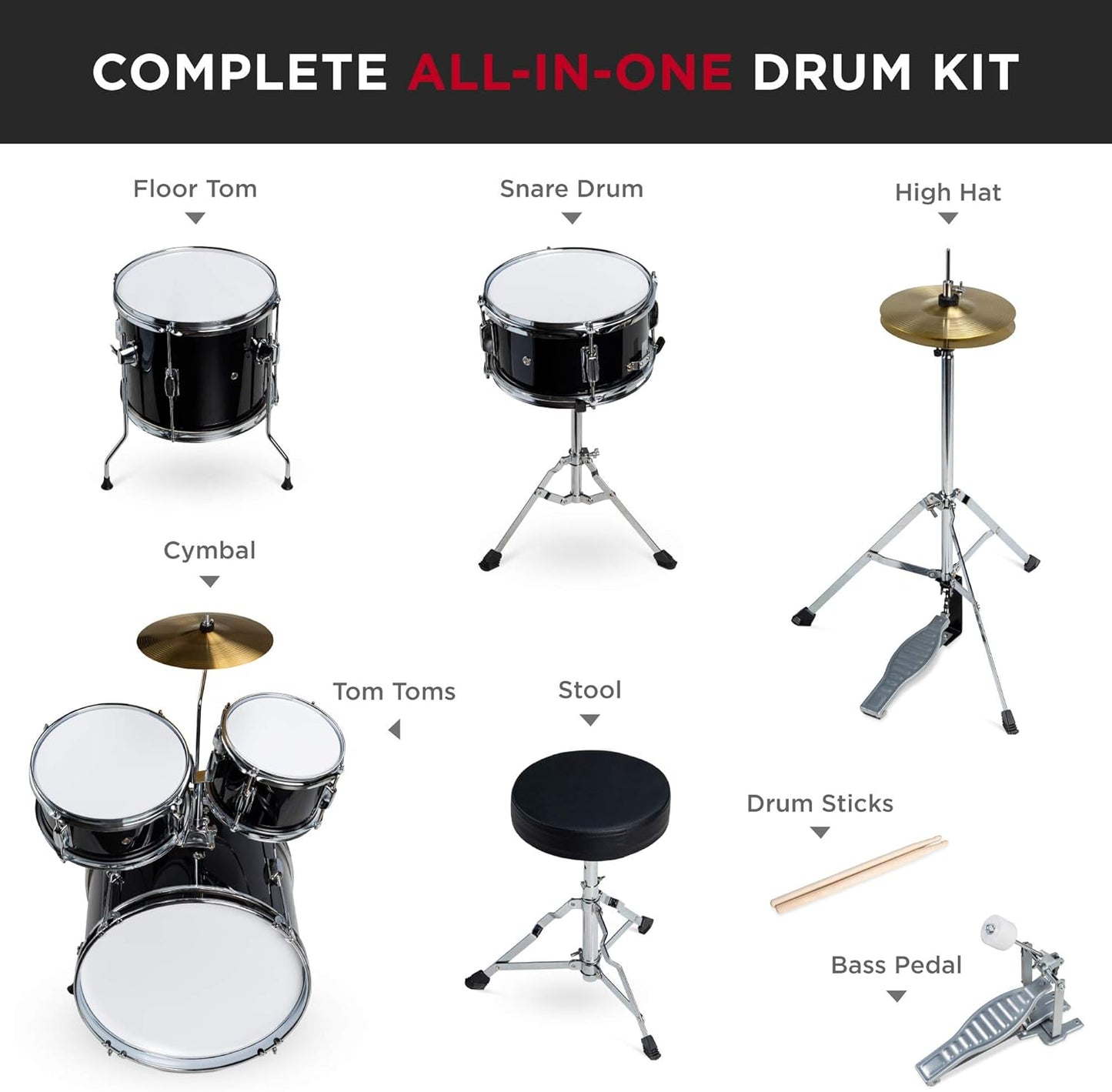Kids Drum Set 5-Piece 16In Beginner Drum Set Junior Drum Kit, Starter Percussion Set W/Cymbals, Pedal, Drumsticks, Stool, Toms, Snare, Hi Hat - Black