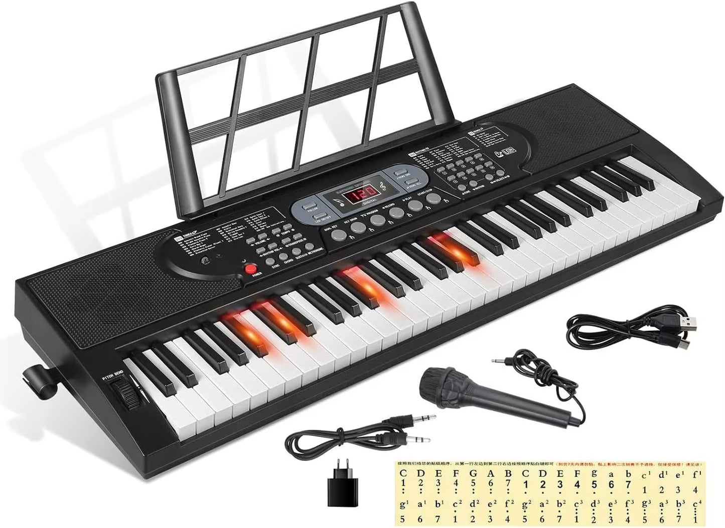 61 Keys Piano Keyboard,With Microphone Piano Note Sticker Power Supply Music Stand Electronic Digital Keyboard Gift