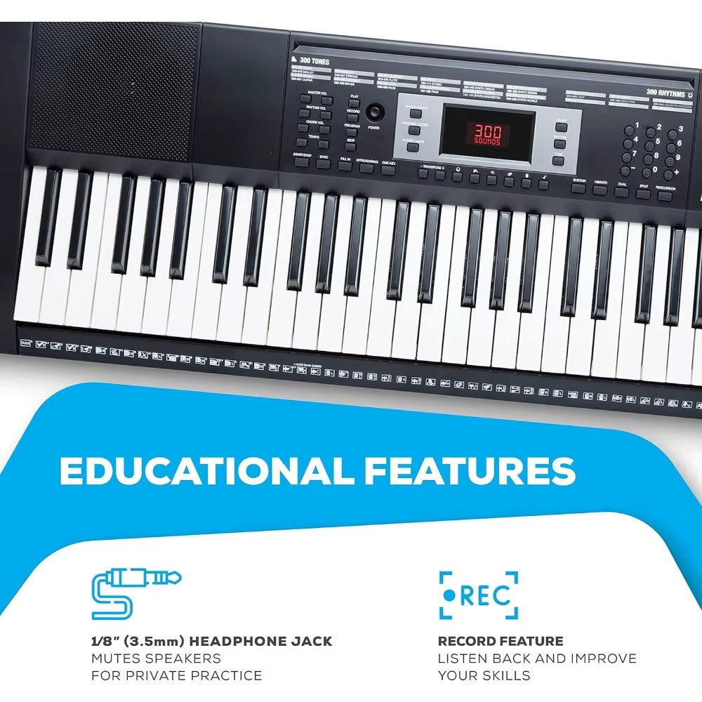 61 Key Keyboard Piano for Beginners with Speakers, Stand, Bench, Headphones, Microphone, Sheet Music Stand, 300 Sounds