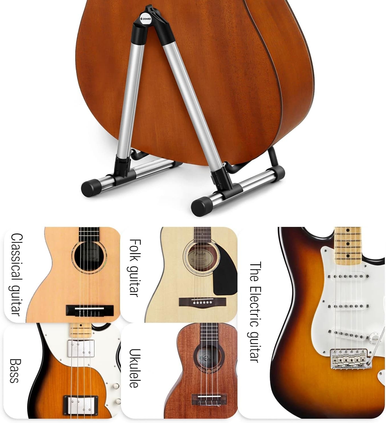 Guitar Stand, Adjustable Folding Acoustic Electric Guitar Stands Floor, Classical Metal Travel Stand for Bass Mandolin Bass Banjo Ukulele (Silver) - DS-1