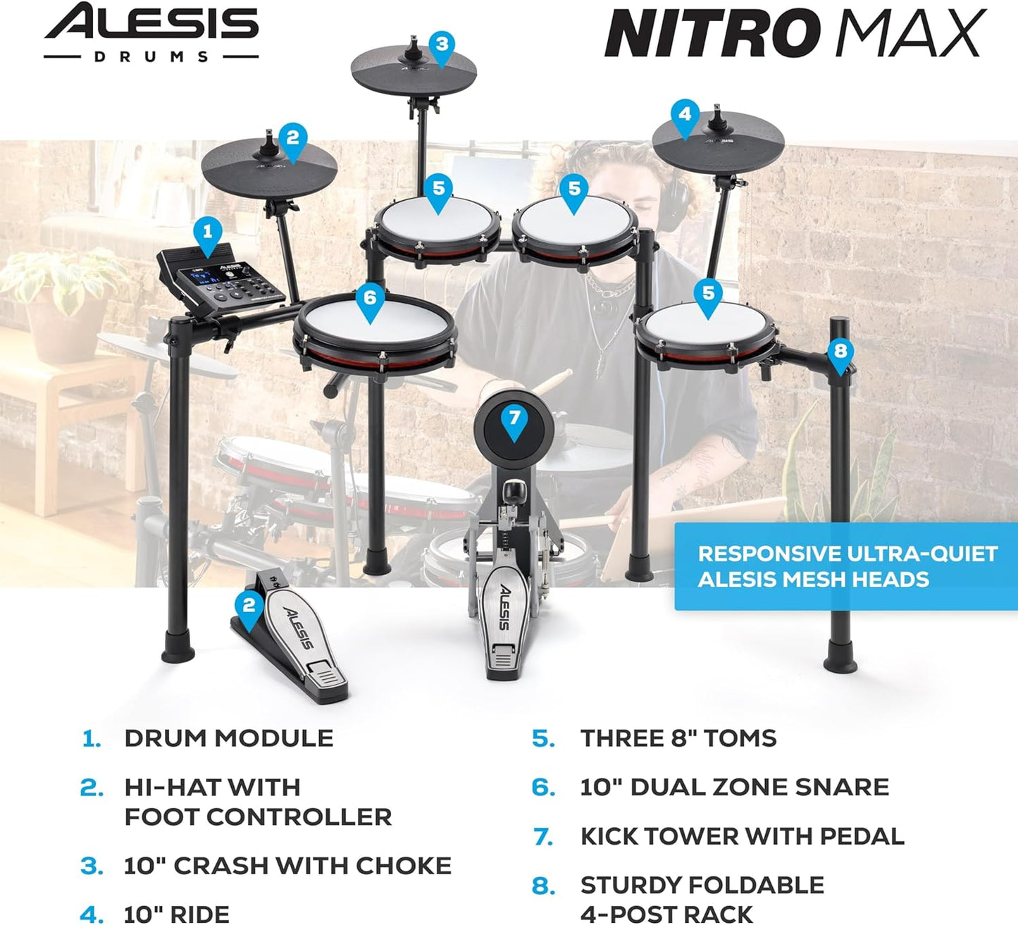 Alesis Nitro Max Electric Drum Kit – Mesh Pads, USB MIDI, 440+ Sounds, Bluetooth