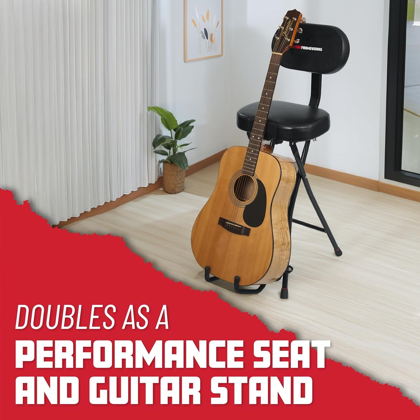 Guitar Seating with Padded Cushion; Ergonomic Backrest and Fold Out with Stand; Holds Both Acoustic and Electric Guitars (GFW-GTR-SEAT)