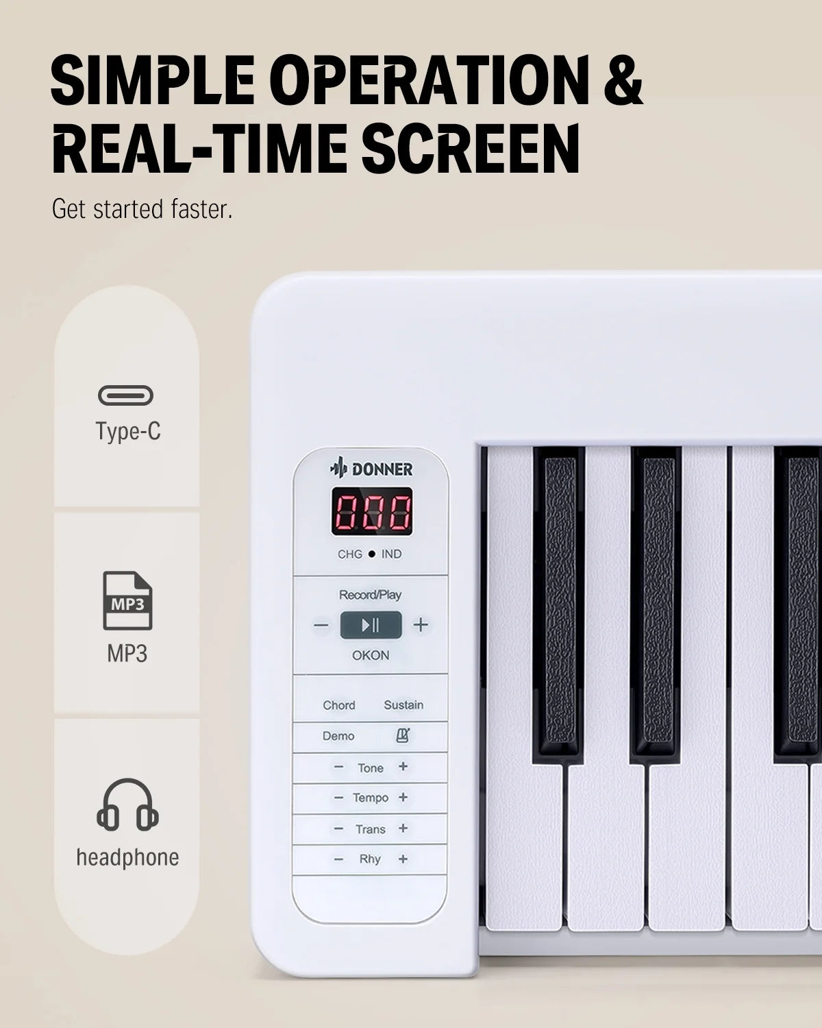 61-Key Folding Bluetooth Keyboard Piano for Beginners, Portable Piano Keyboard with Music Rest, Bag, Pedal, and App - White