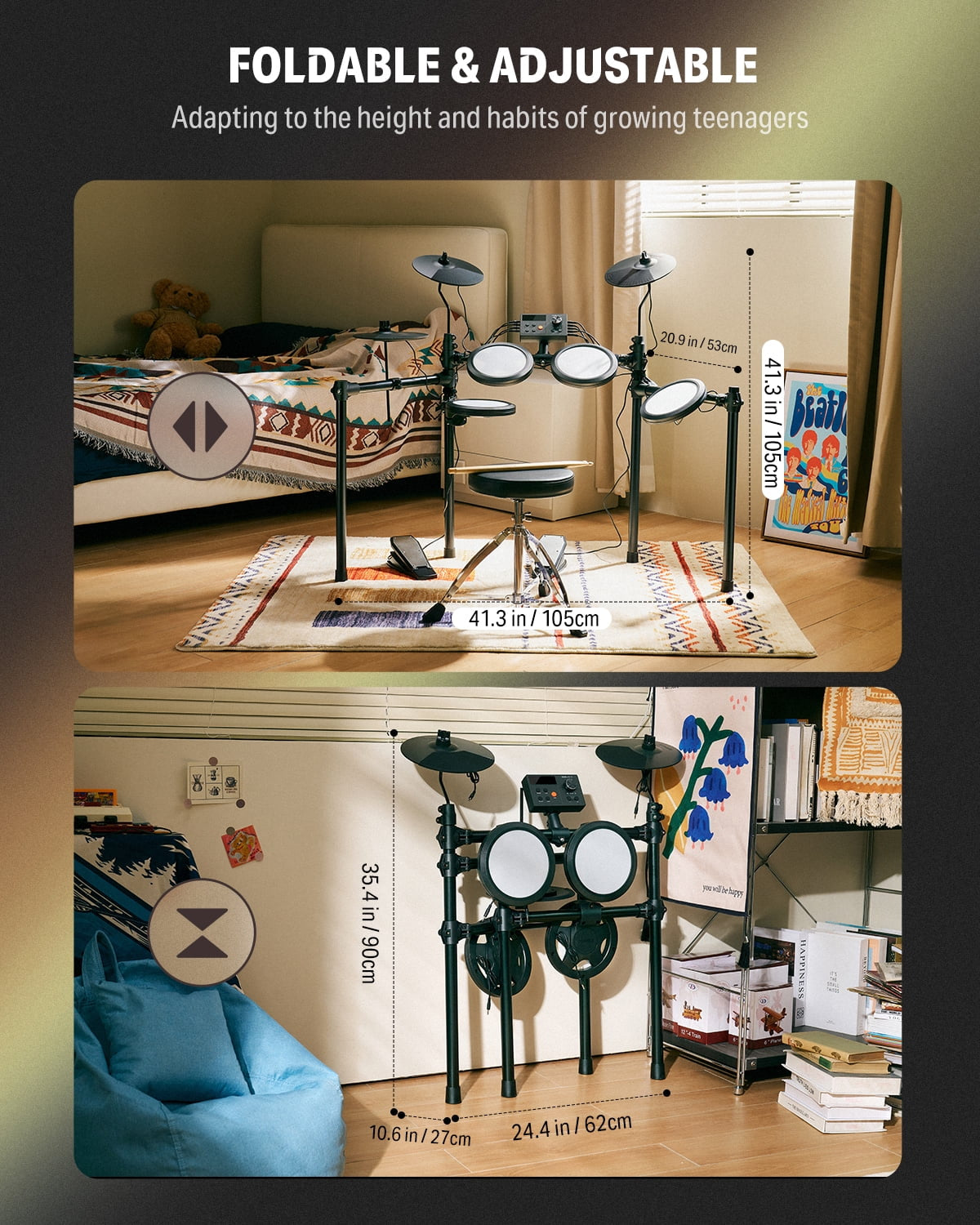 Electric Drum Set for Kids, 150+ Sounds, 15 Drums Kit, 10 Demo Songs, 4 Quiet Mesh Pad Kits for Beginner, DED-70