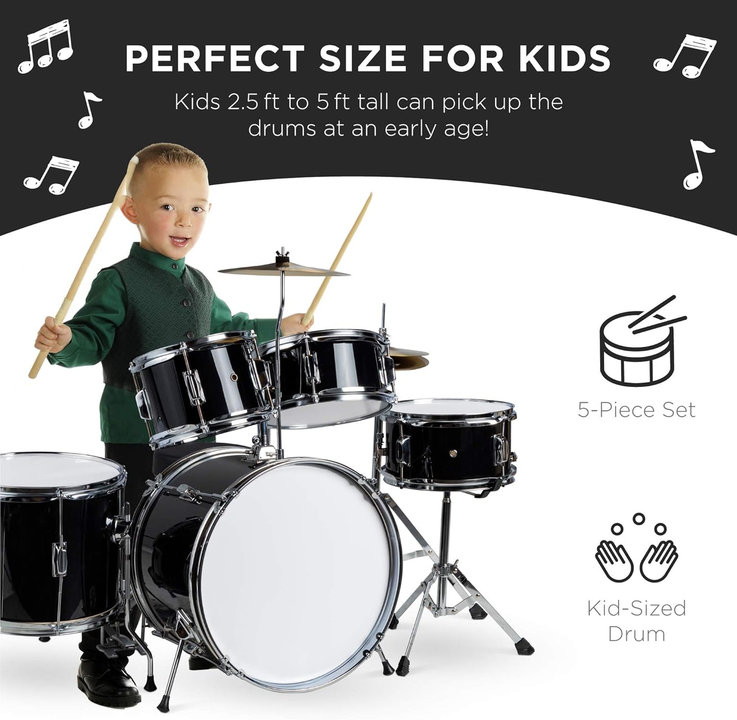 Kids Drum Set 5-Piece 16In Beginner Drum Set Junior Drum Kit, Starter Percussion Set W/Cymbals, Pedal, Drumsticks, Stool, Toms, Snare, Hi Hat - Black
