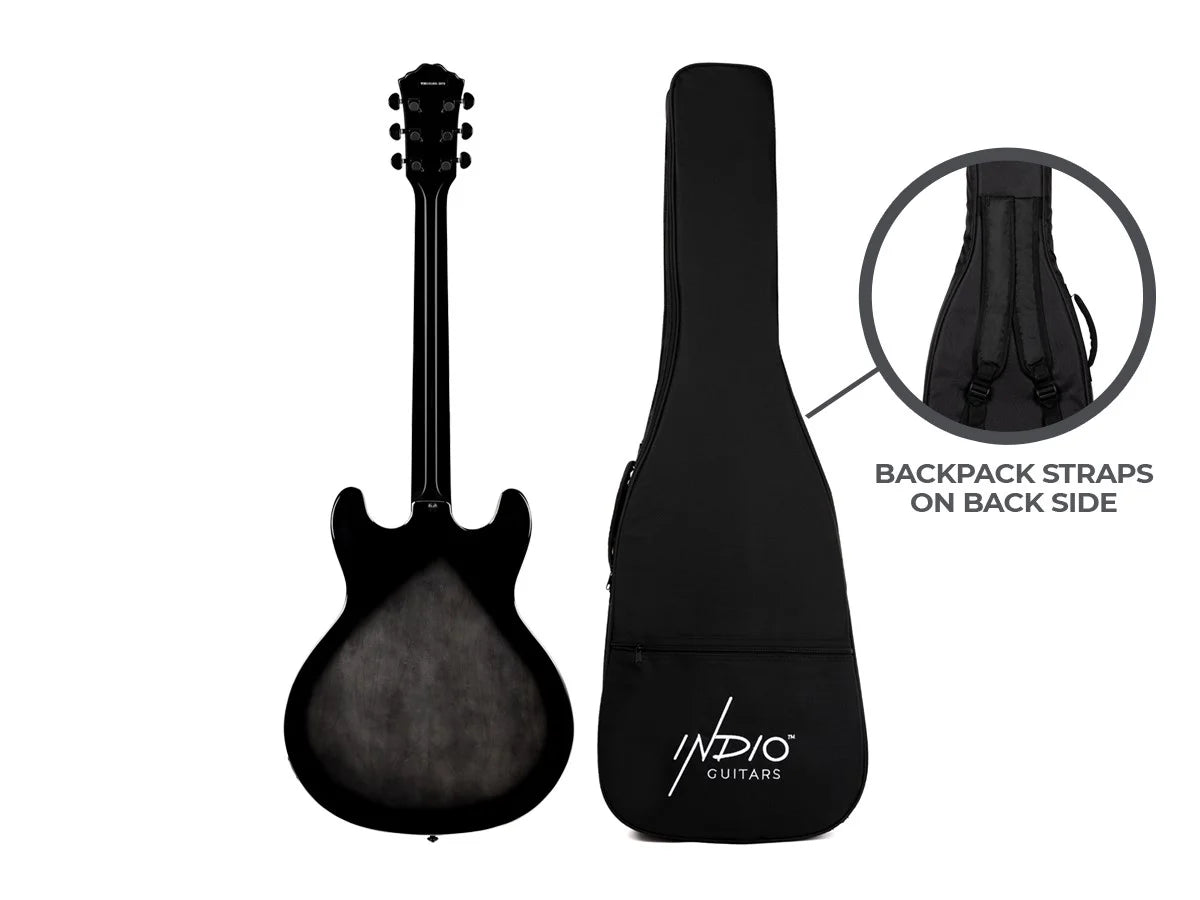 Indio Boardwalk Flamed Maple Hollow Body Electric Guitar - Charcoal, with Gig Bag