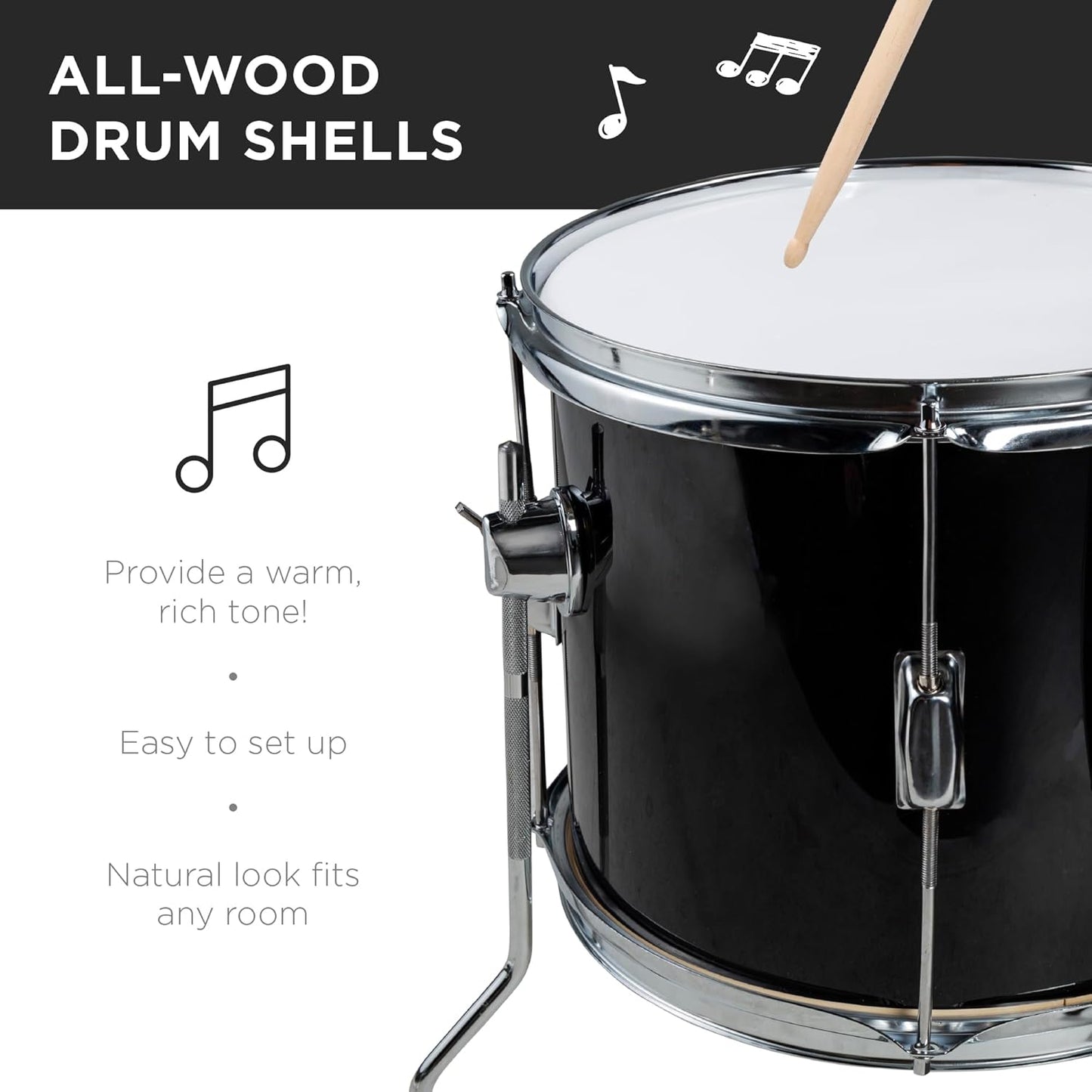 Kids Drum Set 5-Piece 16In Beginner Drum Set Junior Drum Kit, Starter Percussion Set W/Cymbals, Pedal, Drumsticks, Stool, Toms, Snare, Hi Hat - Black