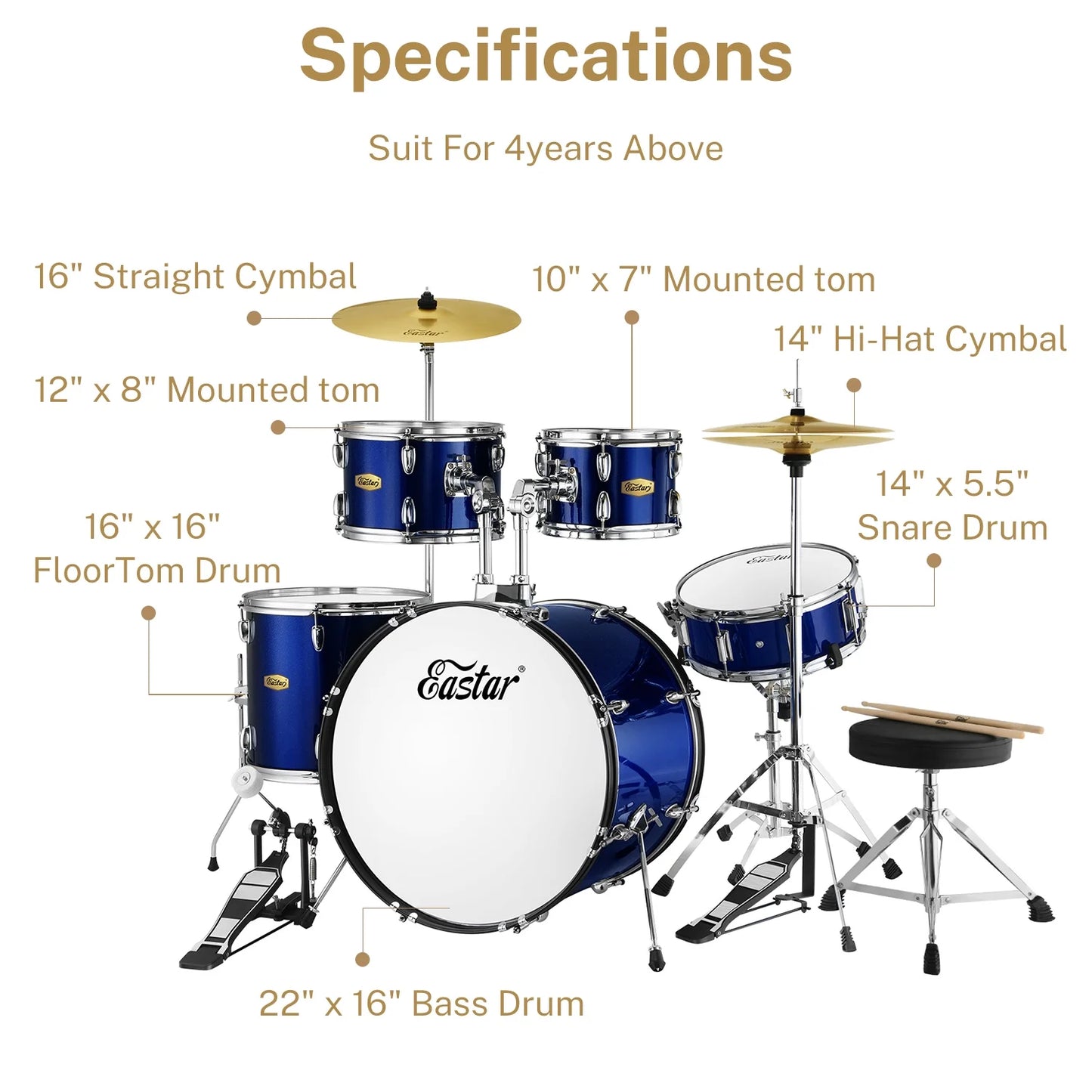 22" 5Pcs Adult Size Drum Set for Beginner Starter Complete Percussion Instrument with Throne, Pedal, Drumsticks, Metallic Blue