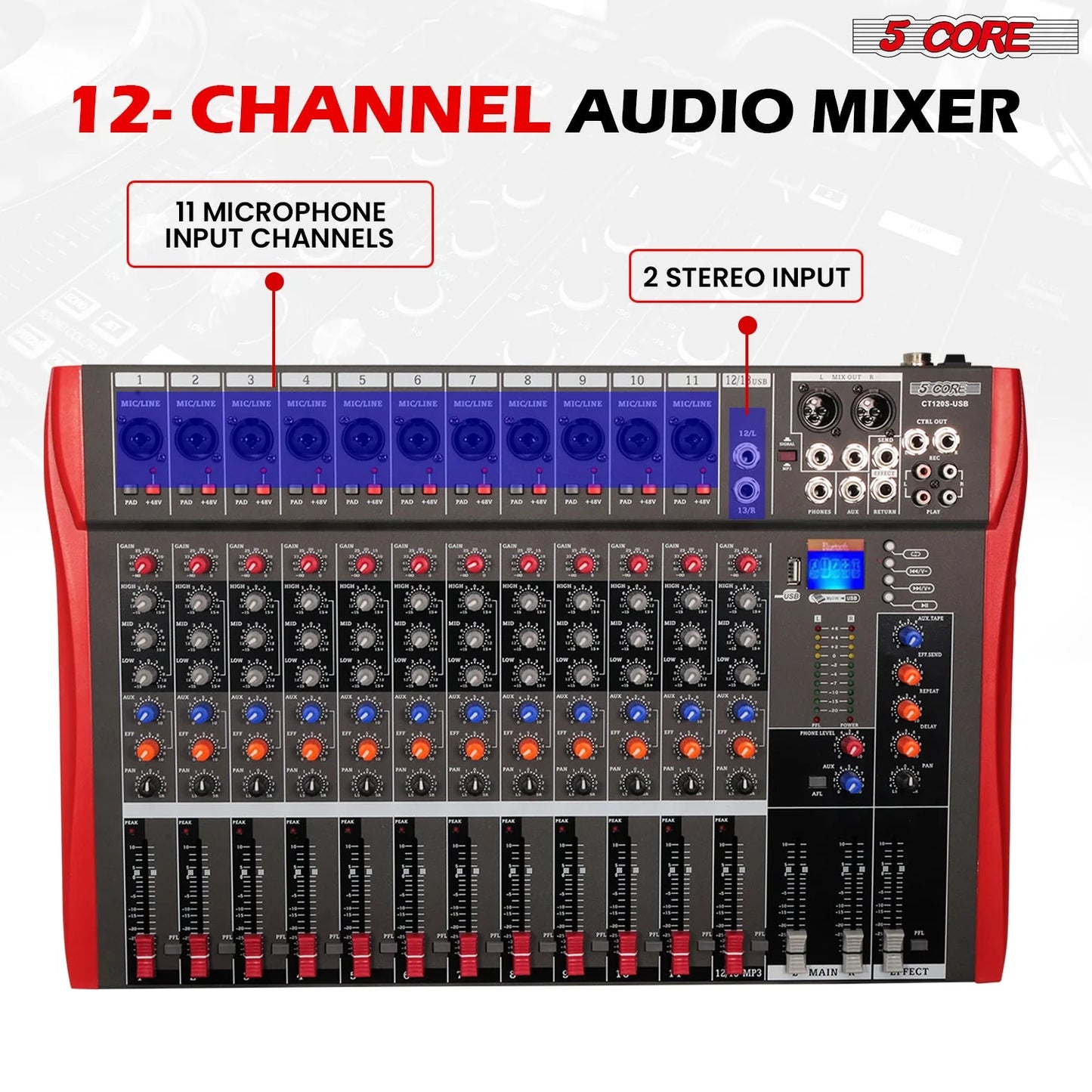 Audio Mixer 12 Channel DJ Equipment with Bluetooth USB Sound Board Console