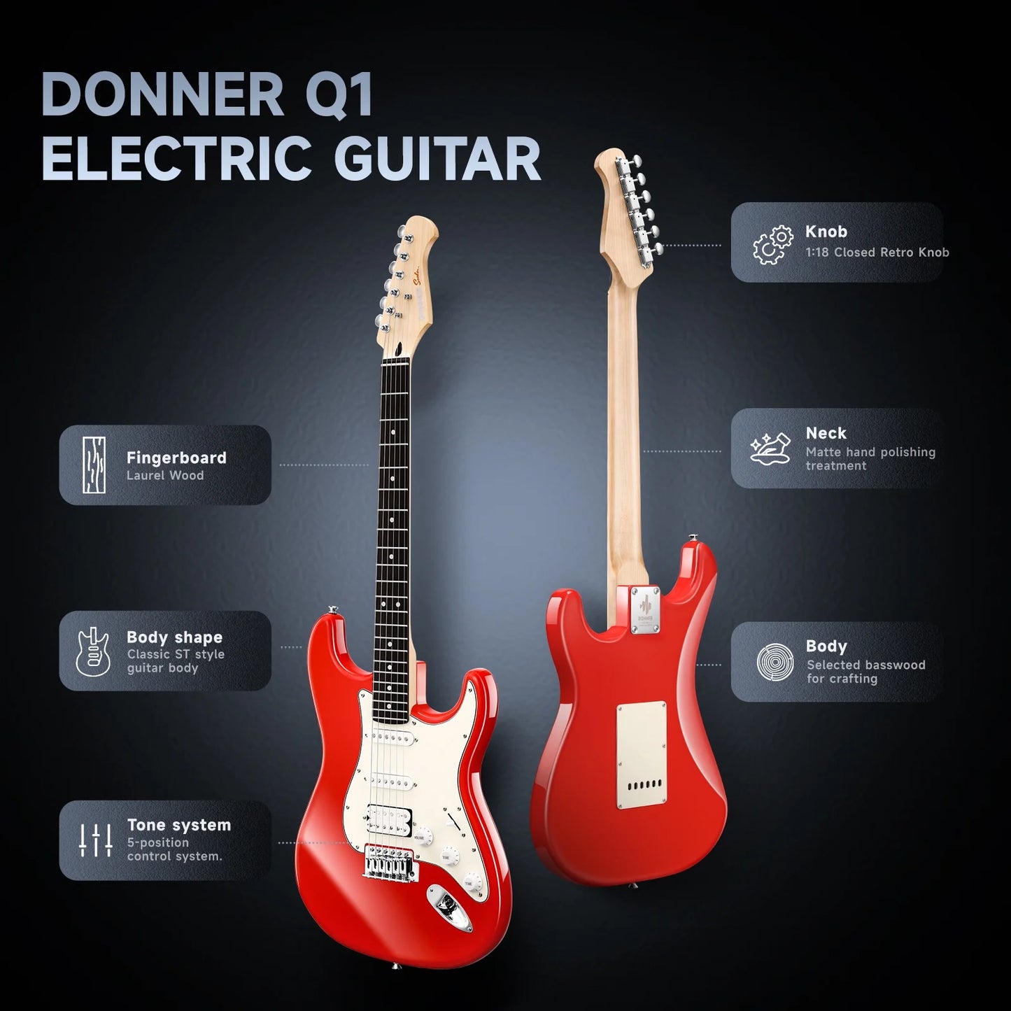 Electric Guitar Solid Body HSS Pickup,With Gig Bag, Q1 ,Red