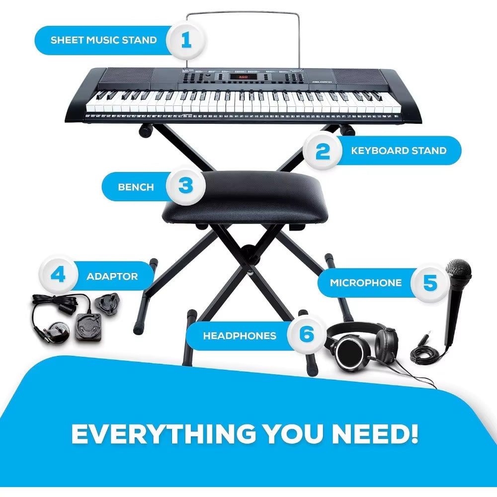 61 Key Keyboard Piano for Beginners with Speakers, Stand, Bench, Headphones, Microphone, Sheet Music Stand, 300 Sounds