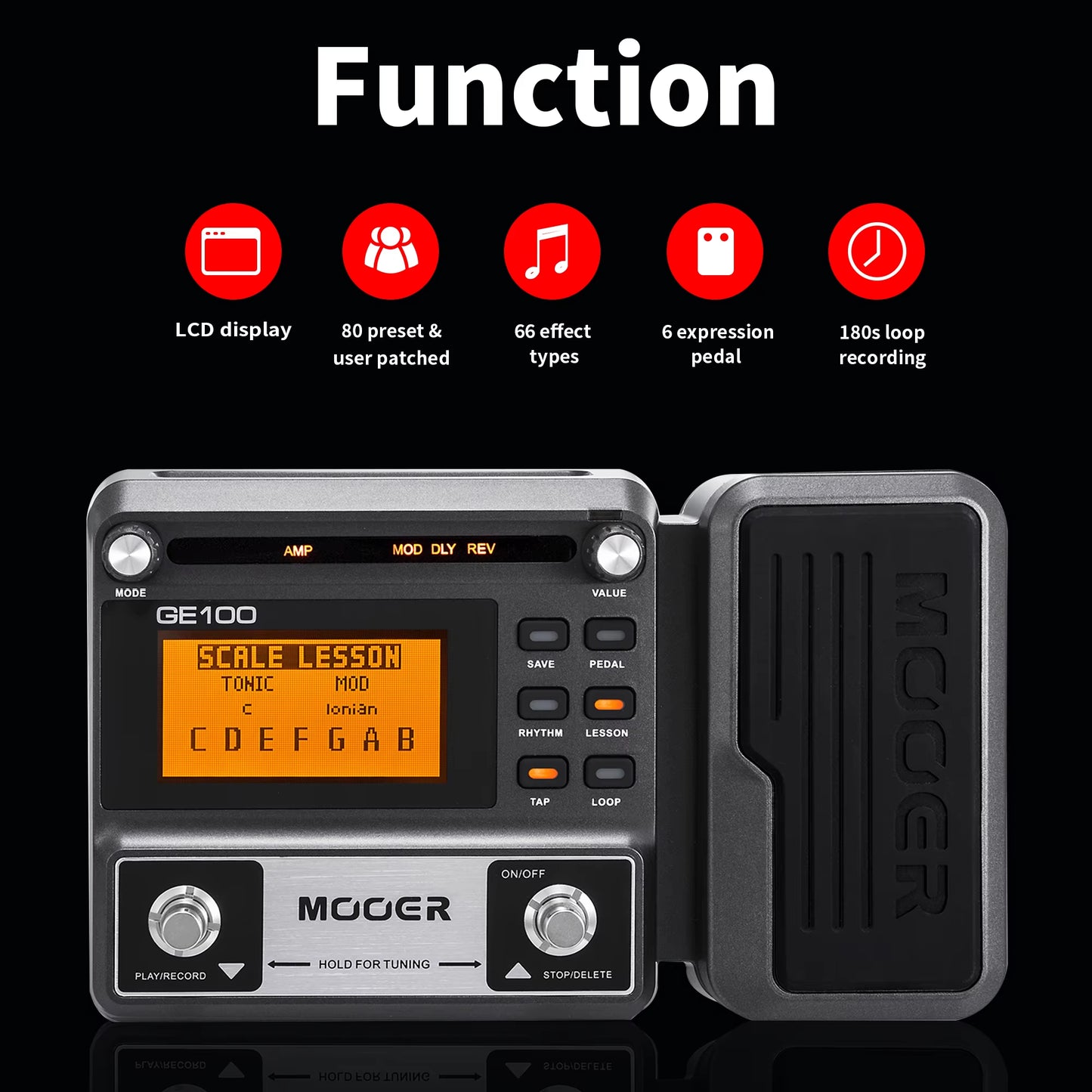 MOOER GE100 Guitar Pedal Multi-Effects Processor Effect Pedal with Loop Recording Max Time 180S 8 Effect Modules 40 Drum Rhythms
