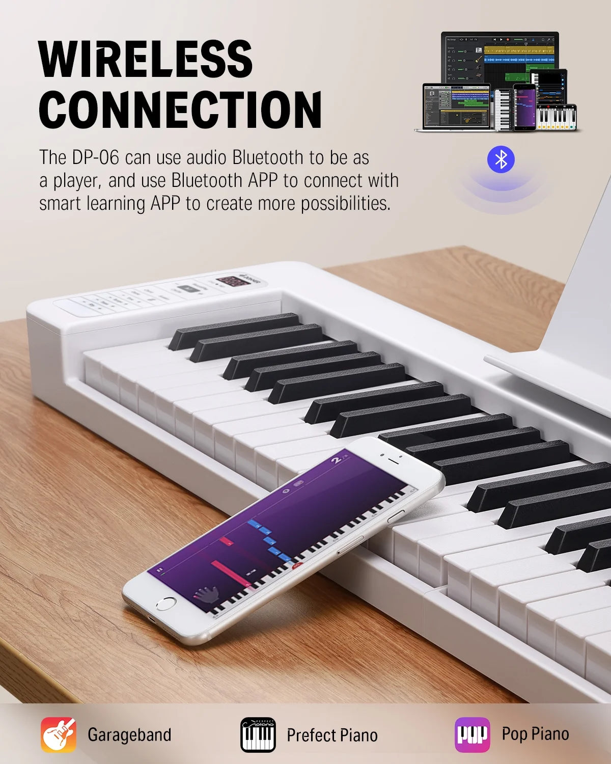 61-Key Folding Bluetooth Keyboard Piano for Beginners, Portable Piano Keyboard with Music Rest, Bag, Pedal, and App - White