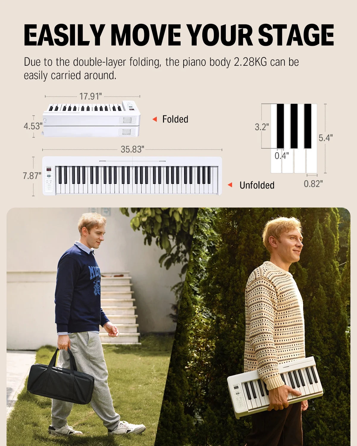 61-Key Folding Bluetooth Keyboard Piano for Beginners, Portable Piano Keyboard with Music Rest, Bag, Pedal, and App - White