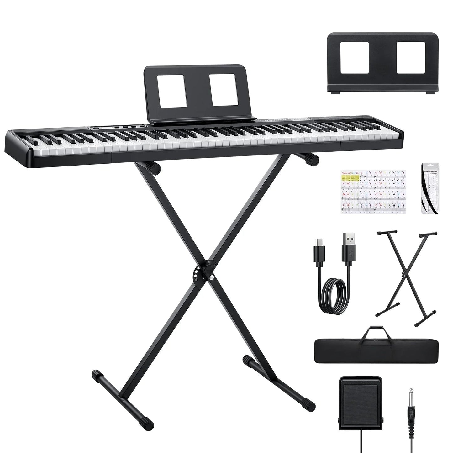 Piano Keyboard 88 Keys, Velocity-Sensitive Digital Keyboard Piano for Beginner, Portable Electric Piano with Stand, Sustain Pedal, Black, DEP-1