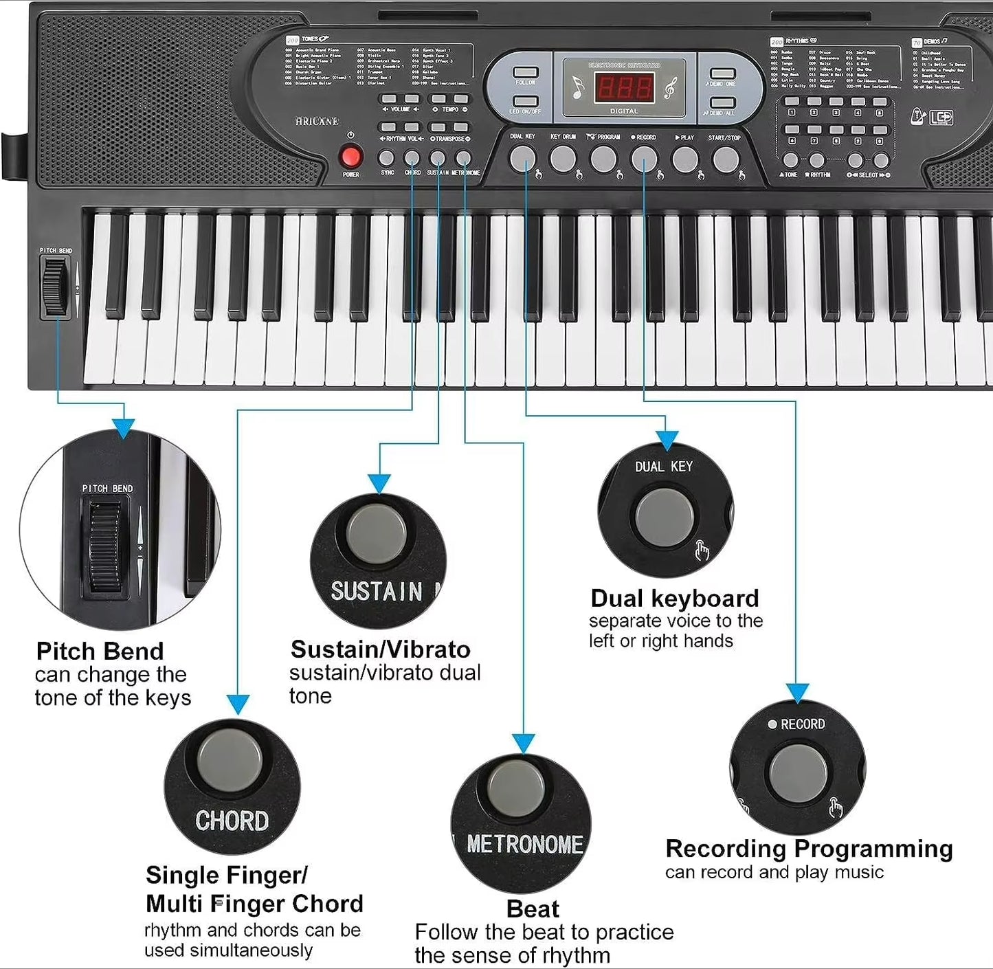 61 Keys Piano Keyboard,With Microphone Piano Note Sticker Power Supply Music Stand Electronic Digital Keyboard Gift