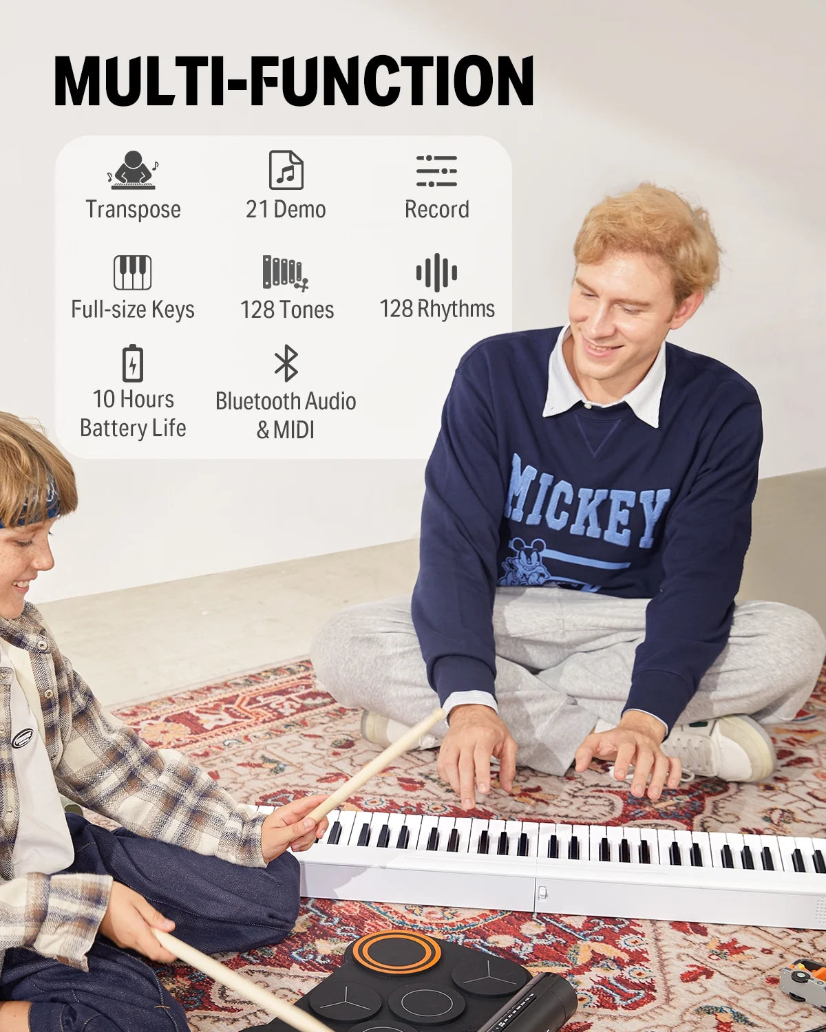 61-Key Folding Bluetooth Keyboard Piano for Beginners, Portable Piano Keyboard with Music Rest, Bag, Pedal, and App - White