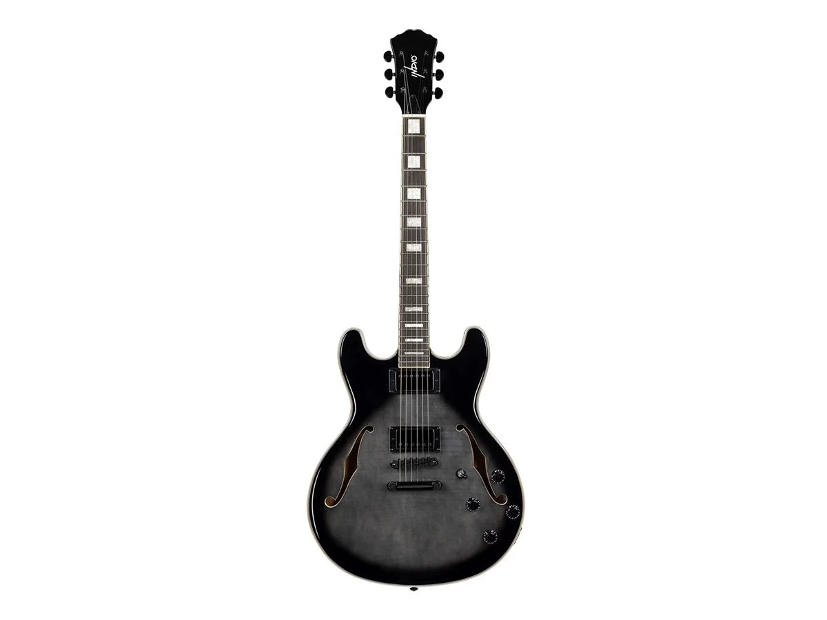 Indio Boardwalk Flamed Maple Hollow Body Electric Guitar - Charcoal, with Gig Bag