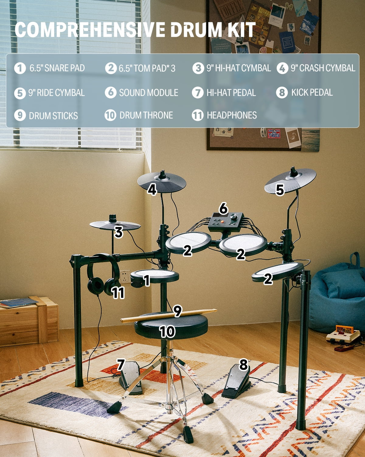 Electric Drum Set for Kids, 150+ Sounds, 15 Drums Kit, 10 Demo Songs, 4 Quiet Mesh Pad Kits for Beginner, DED-70