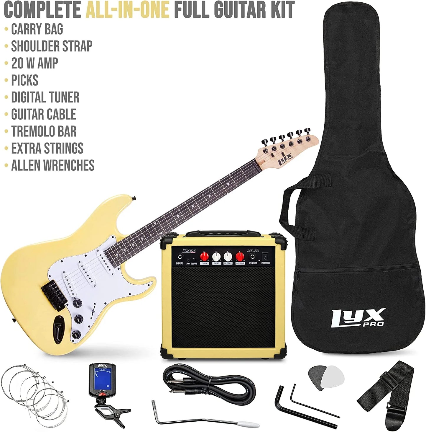 Electric Guitar 39 Inch Beginner Kit W/ 20W Amp, Accessories - Retro Yellow