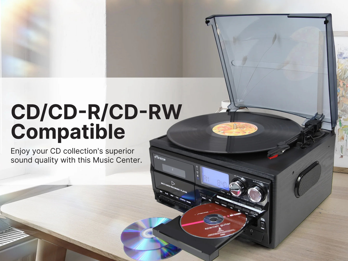 Cosmopolitan 8-In-1 Turntable Center W/Built-In Speakers, Black (VWRP-4200-BK)