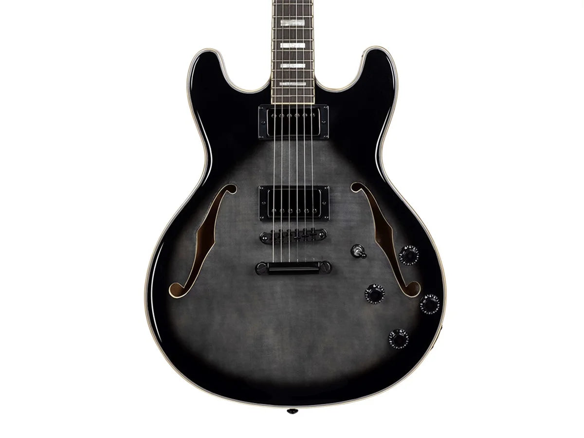 Indio Boardwalk Flamed Maple Hollow Body Electric Guitar - Charcoal, with Gig Bag