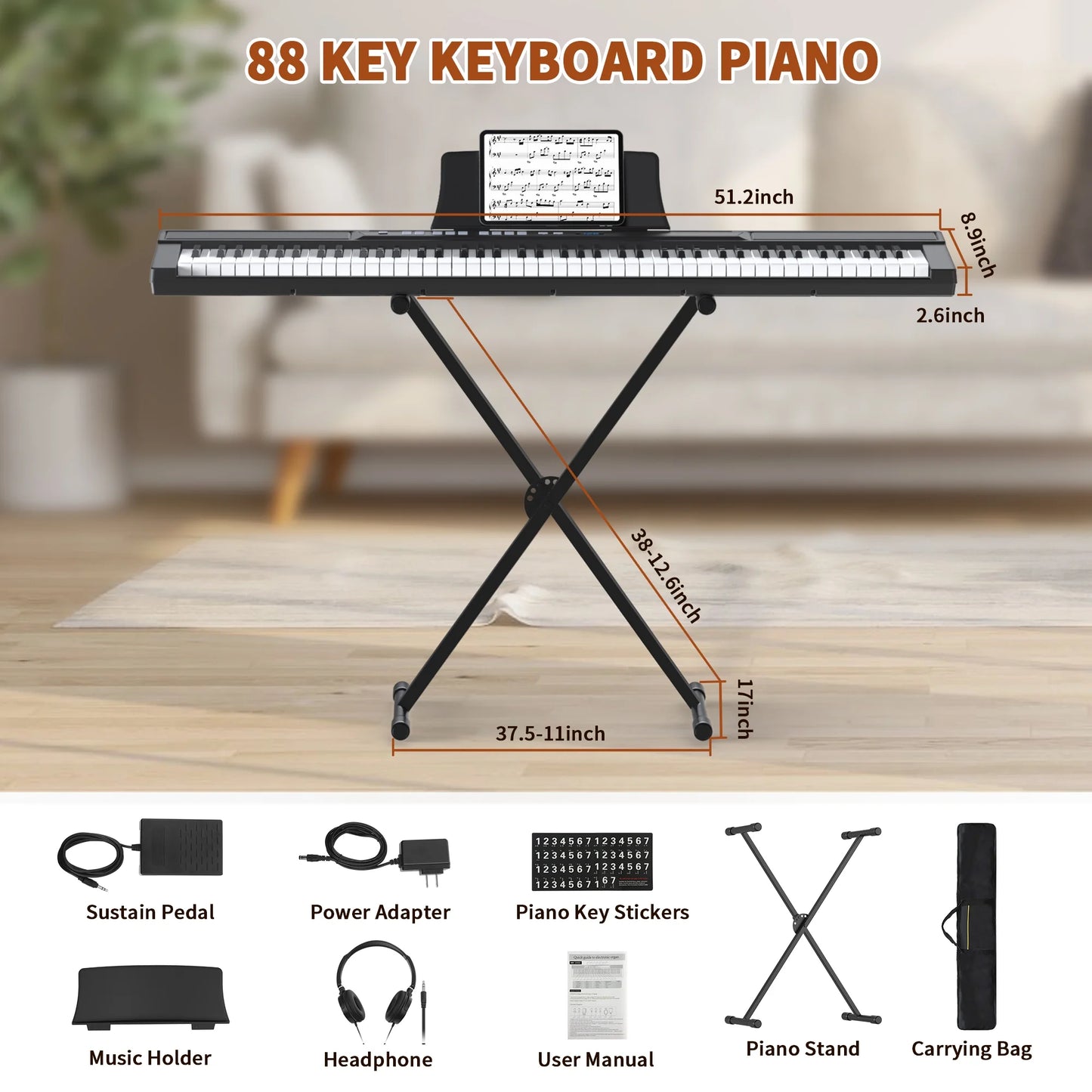 88 Key Digital Piano Keyboard with Stand Full-Size Semi-Weighted Electric Piano with Sustain Pedal, Music Rest, Black
