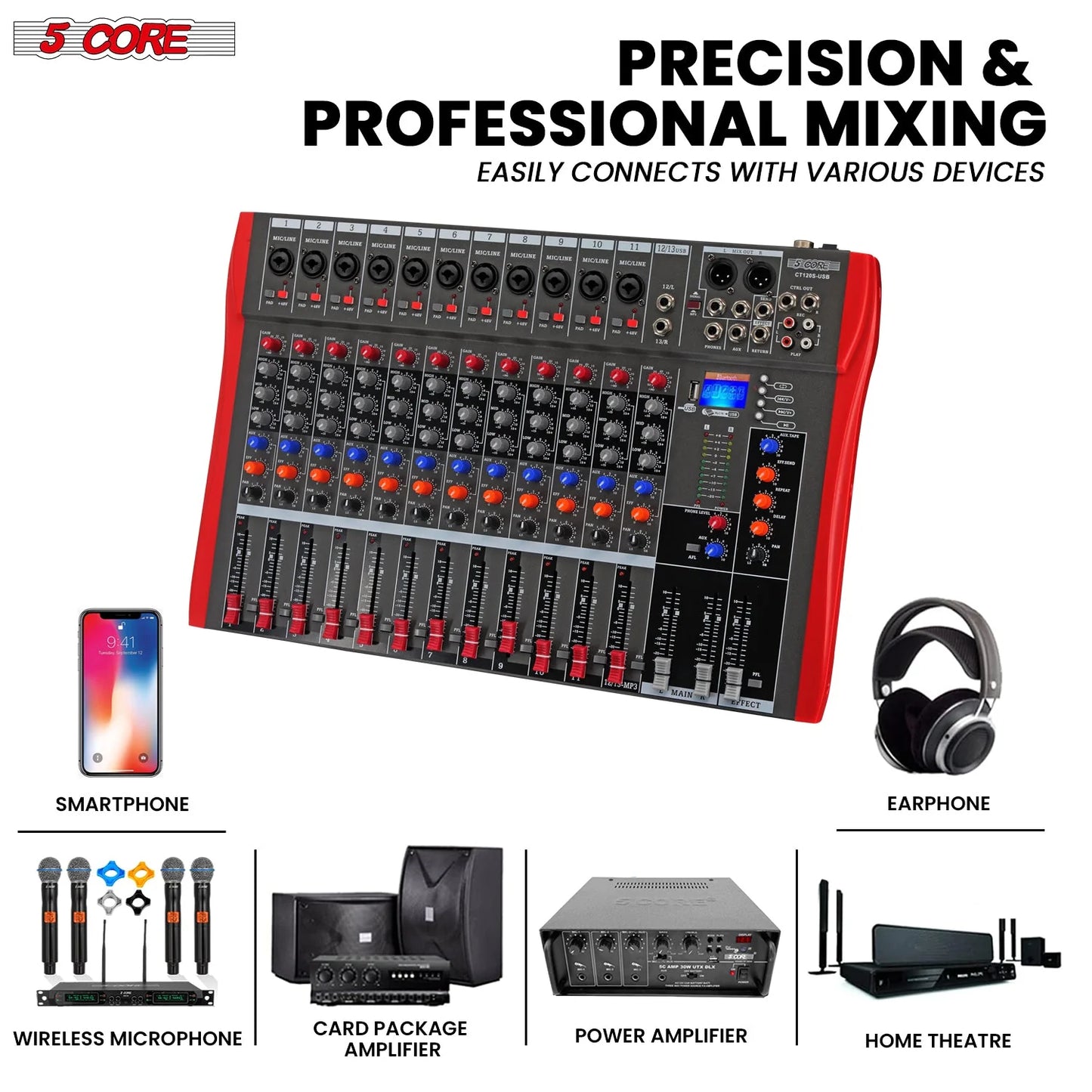 Audio Mixer 12 Channel DJ Equipment with Bluetooth USB Sound Board Console