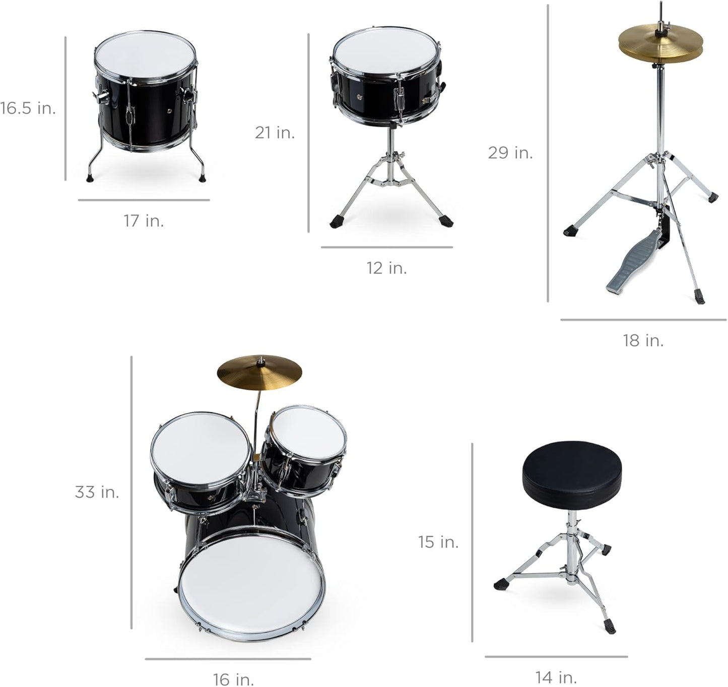 Kids Drum Set 5-Piece 16In Beginner Drum Set Junior Drum Kit, Starter Percussion Set W/Cymbals, Pedal, Drumsticks, Stool, Toms, Snare, Hi Hat - Black