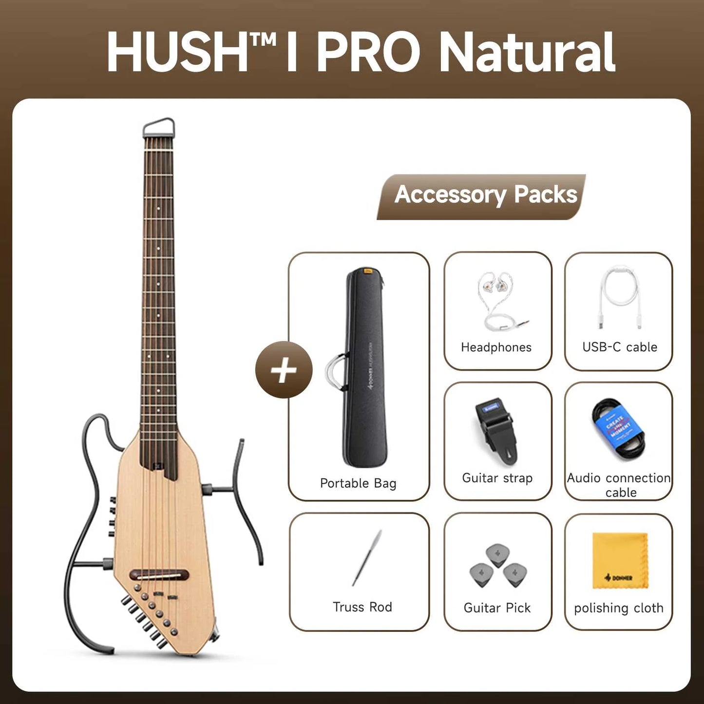 HUSH™ I PRO Acoustic-Electric Travel Guitar Kit with Sound Effects