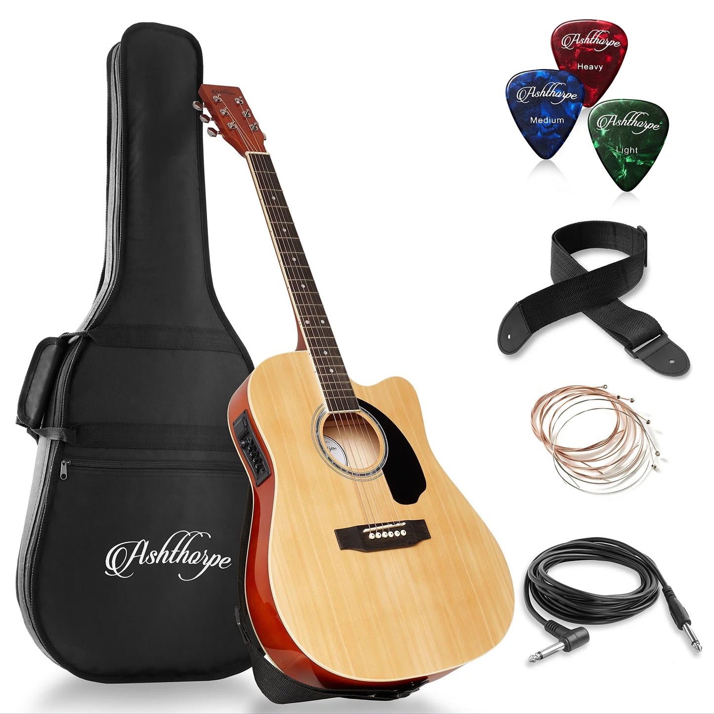 Full-Size Cutaway Thinline Acoustic Electric Guitar Package, Natural